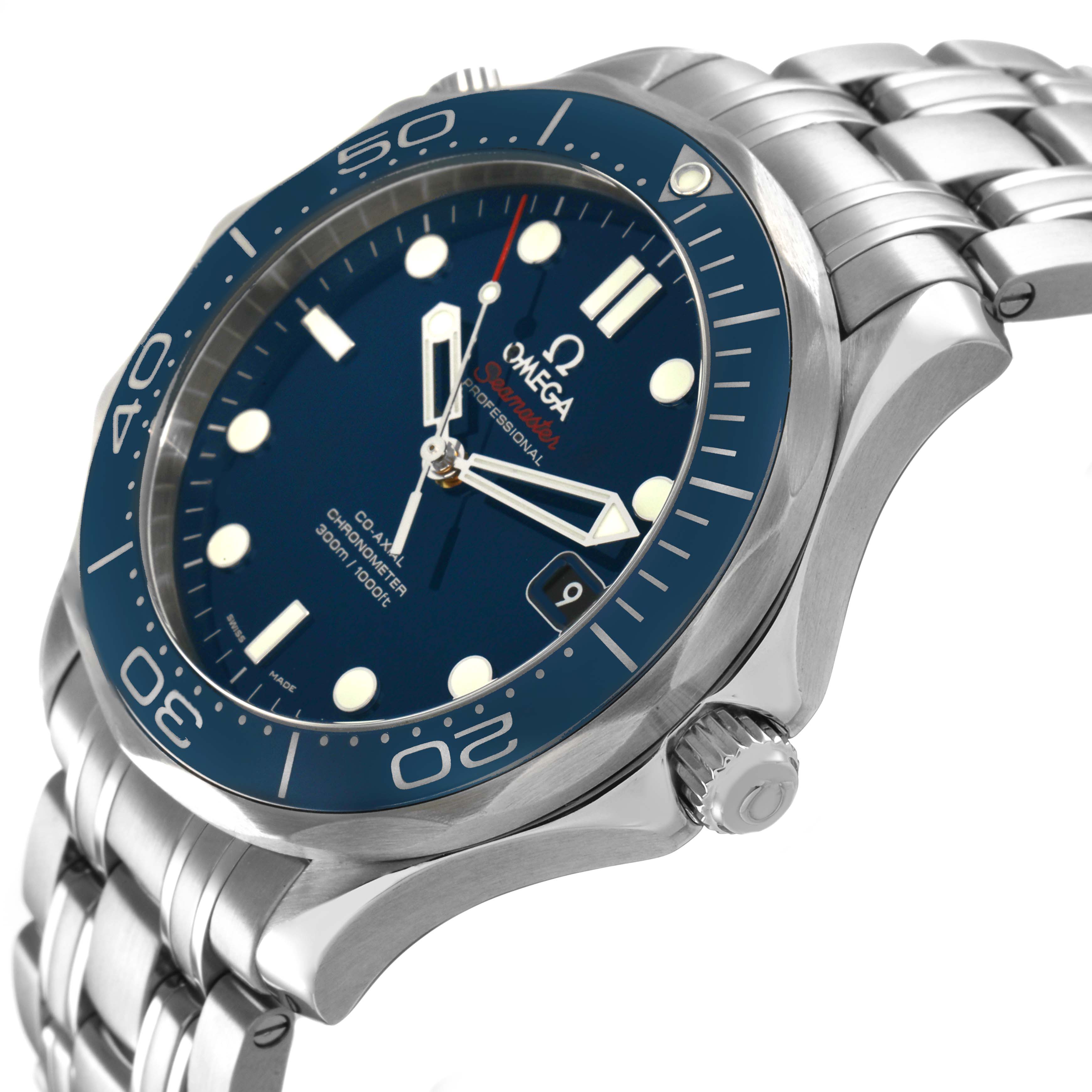 The Omega Seamaster 212.30.41.20.03.001 Men's Stainless Steel Blue Dial watch is shown at a side angle, highlighting its blue dial, rotating bezel, crown, and stainless steel bracelet.