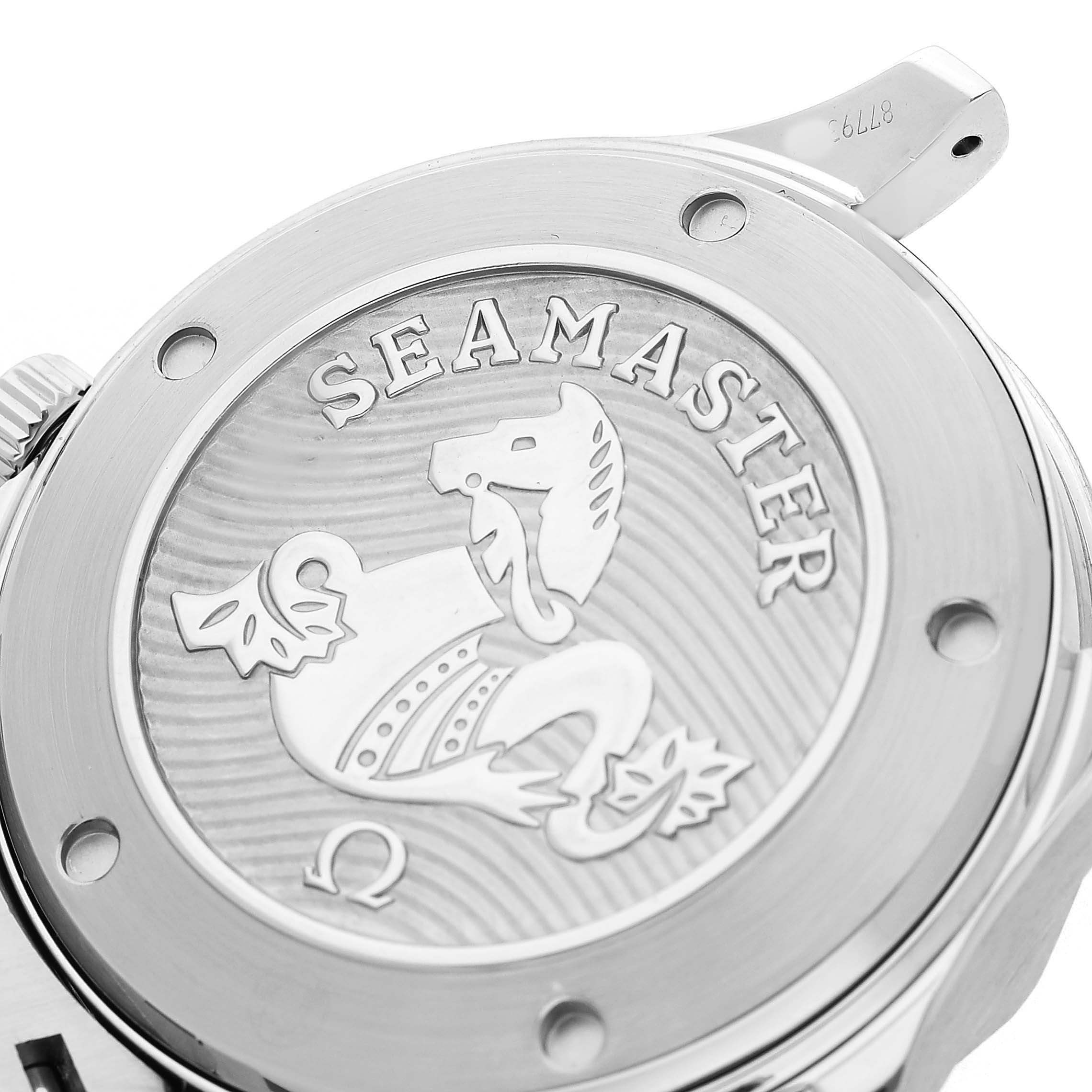The image shows the case back of the Omega Seamaster 212.30.41.20.03.001 Men's Stainless Steel Blue Dial watch, featuring the engraved logo and wavy pattern.