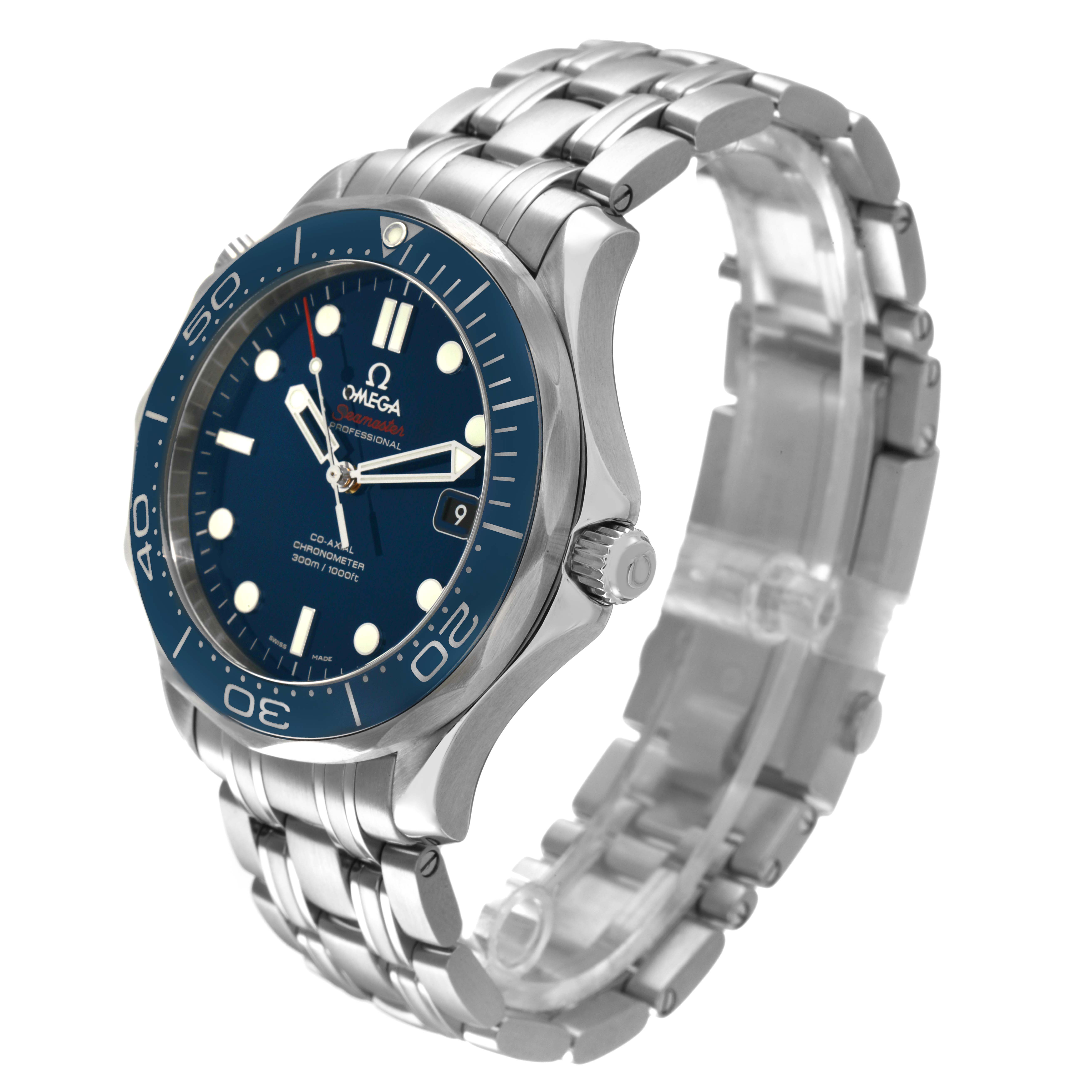 The Omega Seamaster 212.30.41.20.03.001 Men's Stainless Steel Blue Dial watch is shown at a three-quarter angle displaying the face, bezel, crown, and bracelet.