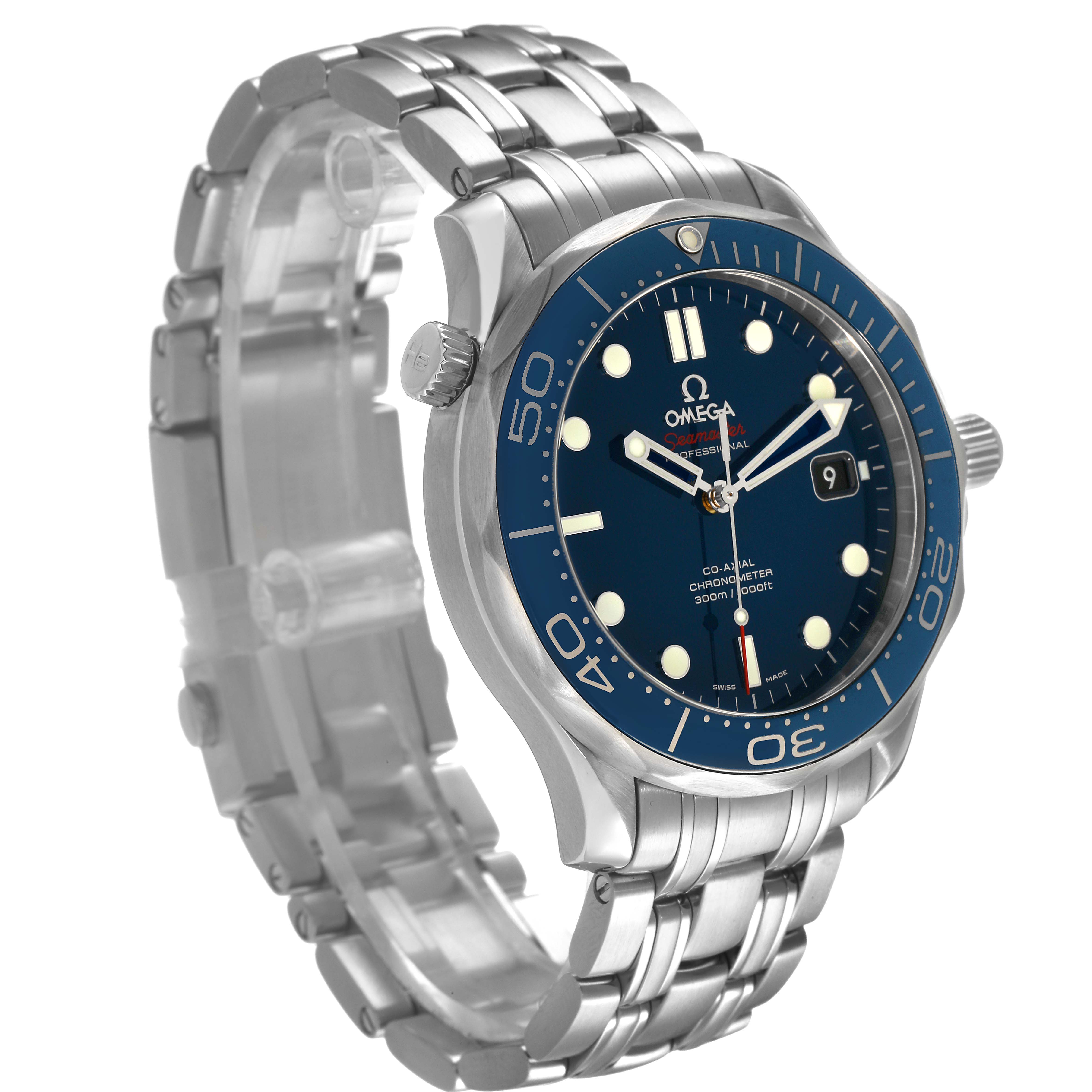 The Omega Seamaster 212.30.41.20.03.001 Men's Stainless Steel Blue Dial watch is shown at a front-side angle, highlighting the blue dial, bezel, and metal bracelet.