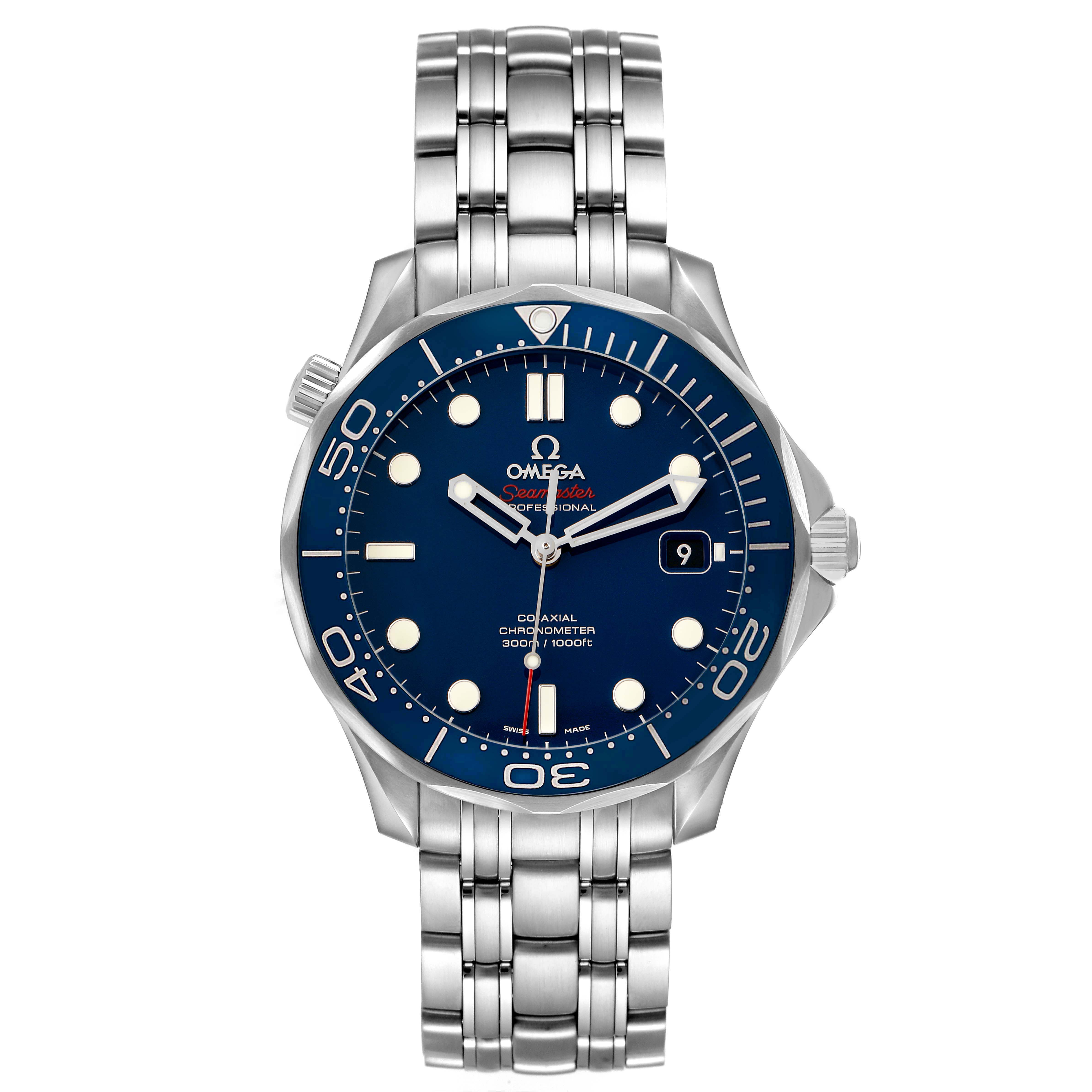 The Omega Seamaster 212.30.41.20.03.001 Men's Stainless Steel Blue Dial watch is shown from a front angle, displaying its blue dial, bezel, and metal bracelet.