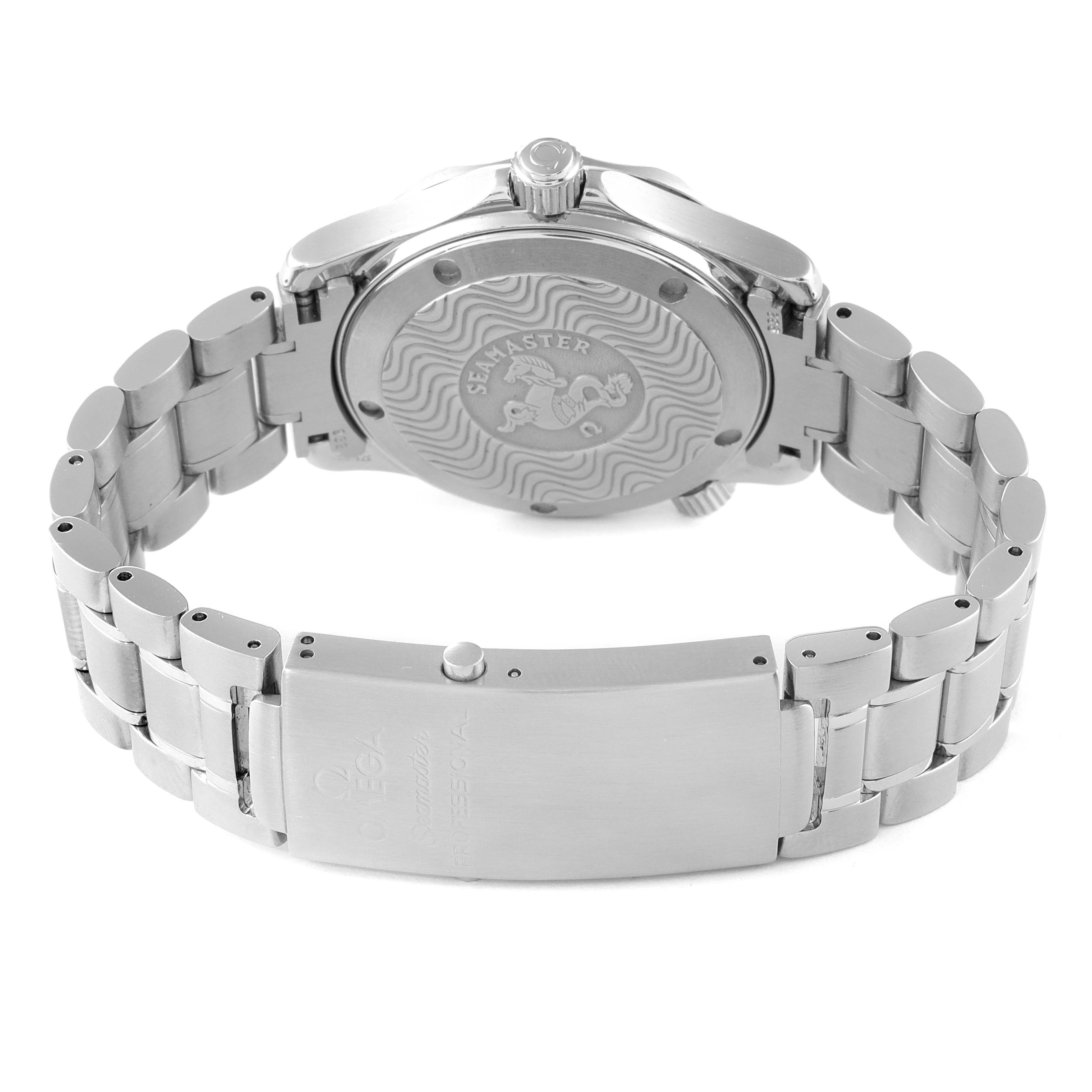 The Omega Seamaster 2262.50.00 Men's Stainless Steel Black Dial 2262.50.00 Men's Stainless Steel Black Dial watch is shown from the back, focusing on the engraved case back and metal bracelet with the clasp.