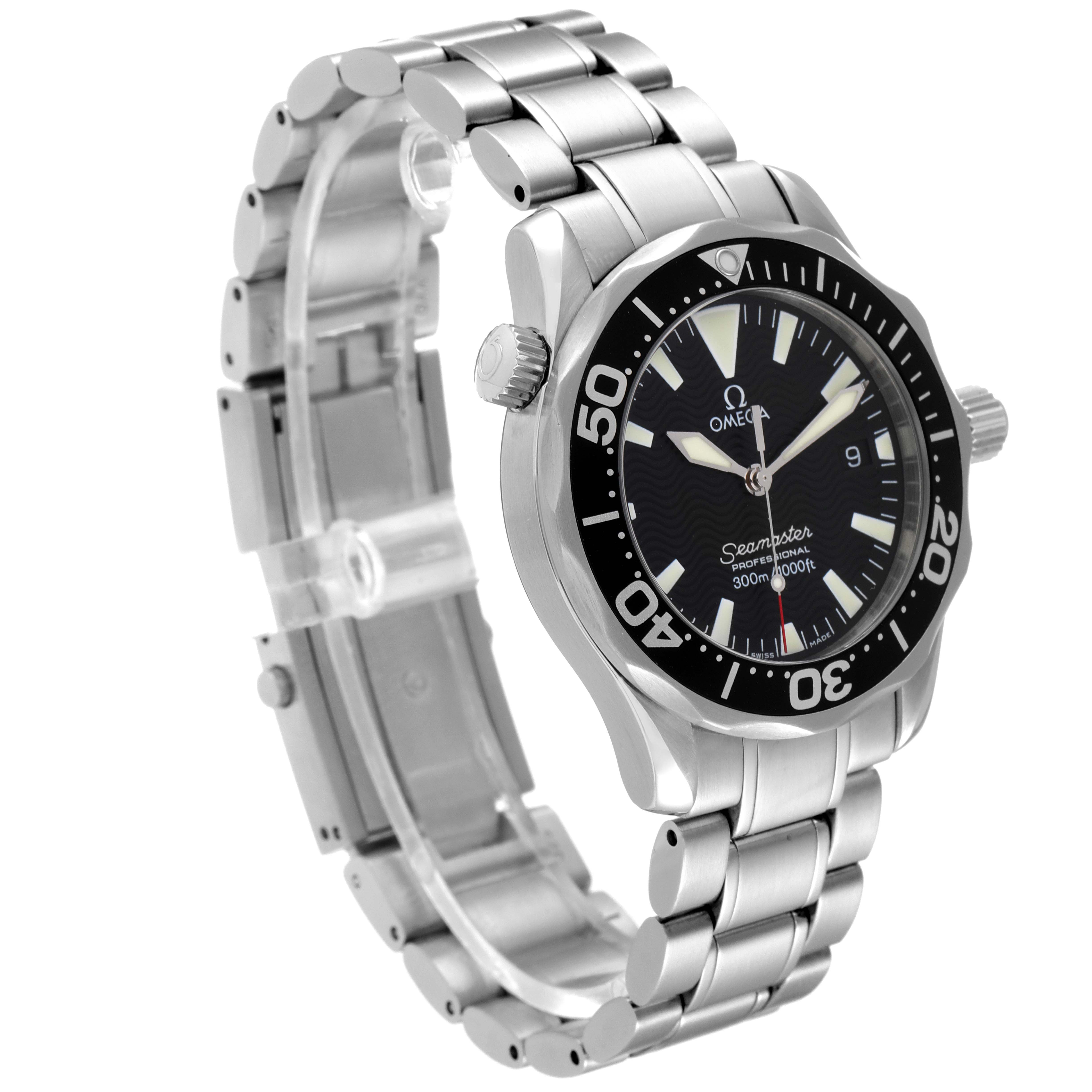 This image shows the Omega Seamaster 2262.50.00 Men's Stainless Steel Black Dial 2262.50.00 Men's Stainless Steel Black Dial watch from an angled side view, highlighting its face, bezel, crown, and bracelet.