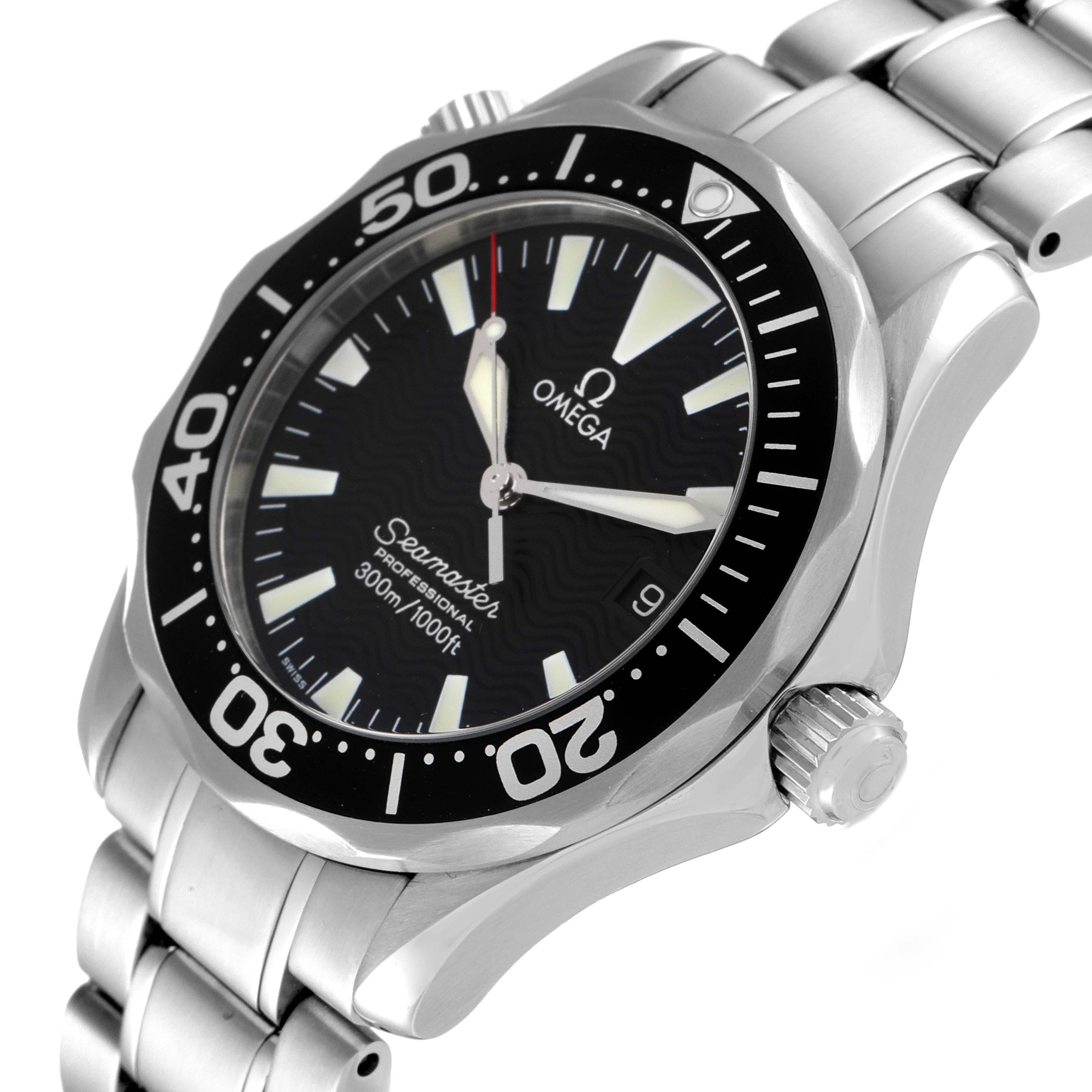 The image shows a close-up of the Omega Seamaster 2262.50.00 Men's Stainless Steel Black Dial 2262.50.00 Men's Stainless Steel Black Dial watch, highlighting the bezel, dial, crown, and part of the stainless steel bracelet.