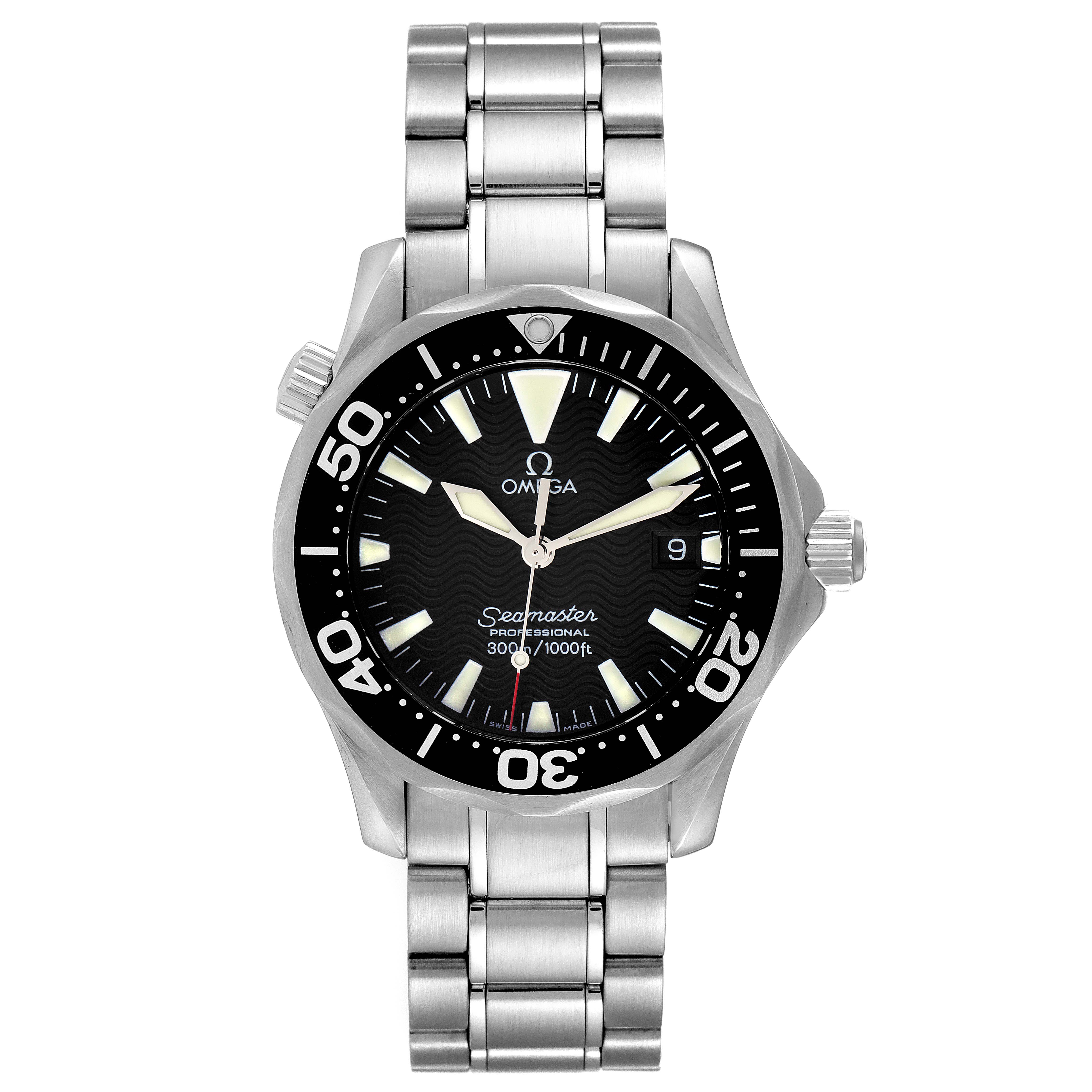 The image shows a front view of an Omega Seamaster 2262.50.00 Men's Stainless Steel Black Dial 2262.50.00 Men's Stainless Steel Black Dial watch, highlighting the dial, bezel, hands, and bracelet.