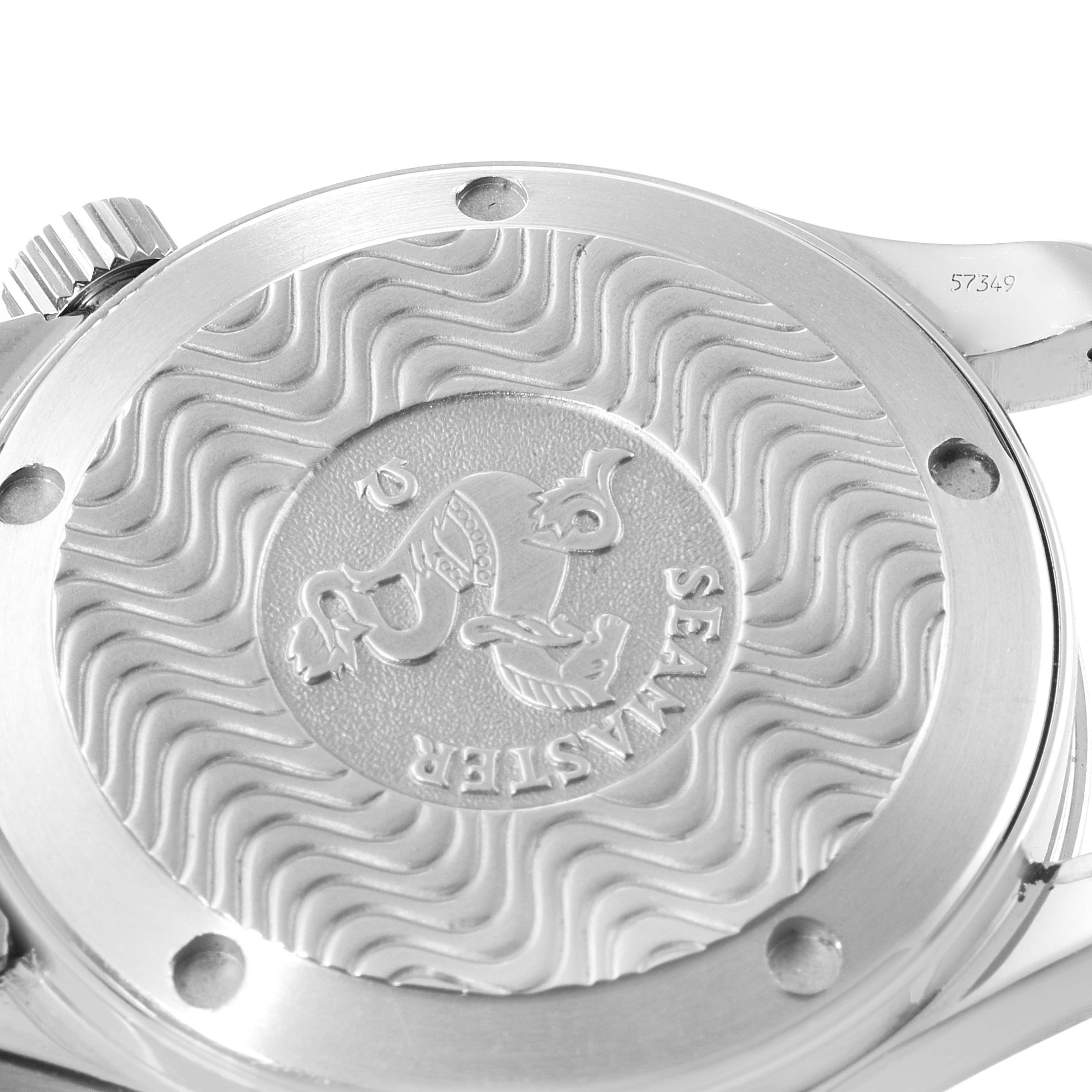 This image shows the engraved case back of a Seamaster watch by Omega from an angled close-up perspective.