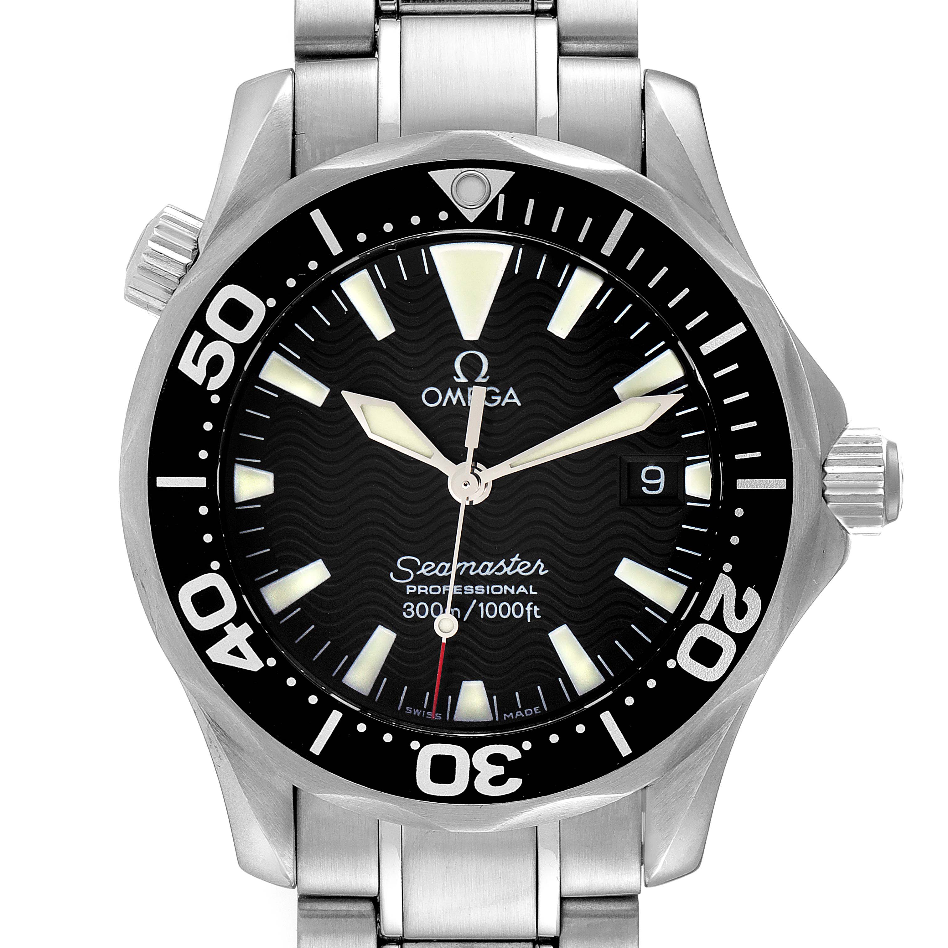 This image shows a front view of an Omega Seamaster 2262.50.00 Men's Stainless Steel Black Dial 2262.50.00 Men's Stainless Steel Black Dial watch, highlighting its dial, bezel, crown, and part of the bracelet.