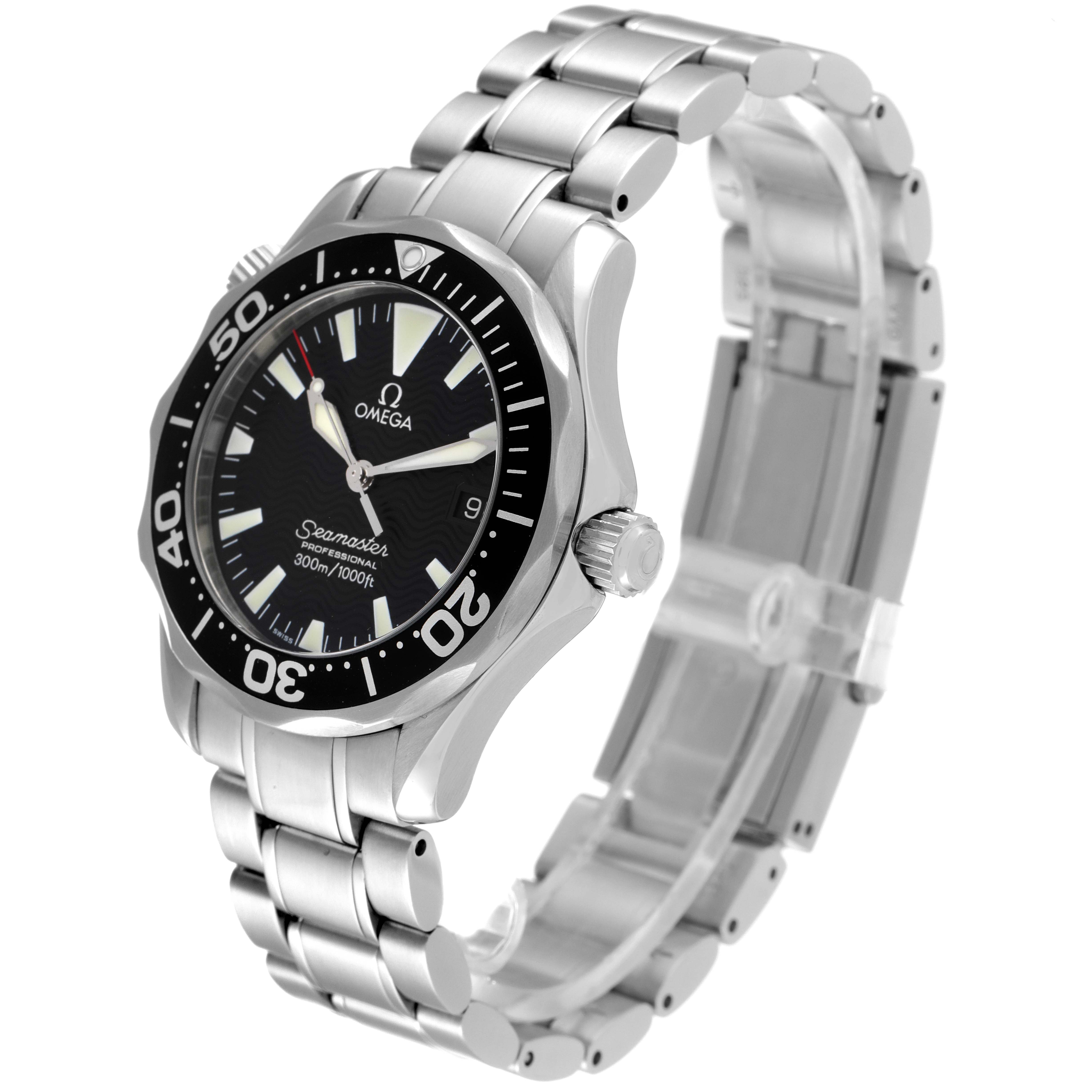 The image shows an Omega Seamaster 2262.50.00 Men's Stainless Steel Black Dial 2262.50.00 Men's Stainless Steel Black Dial watch at a slight angle, displaying the dial, bezel, crown, and stainless steel bracelet.