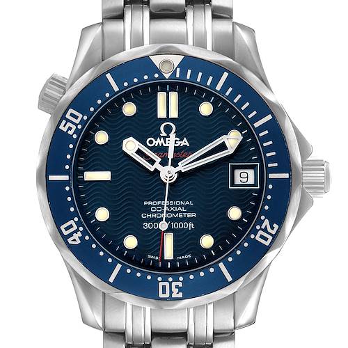 The Omega Seamaster 2222.80.00 Men's Stainless Steel Blue Dial watch is shown from a front angle, displaying the dial, bezel, and stainless steel bracelet.