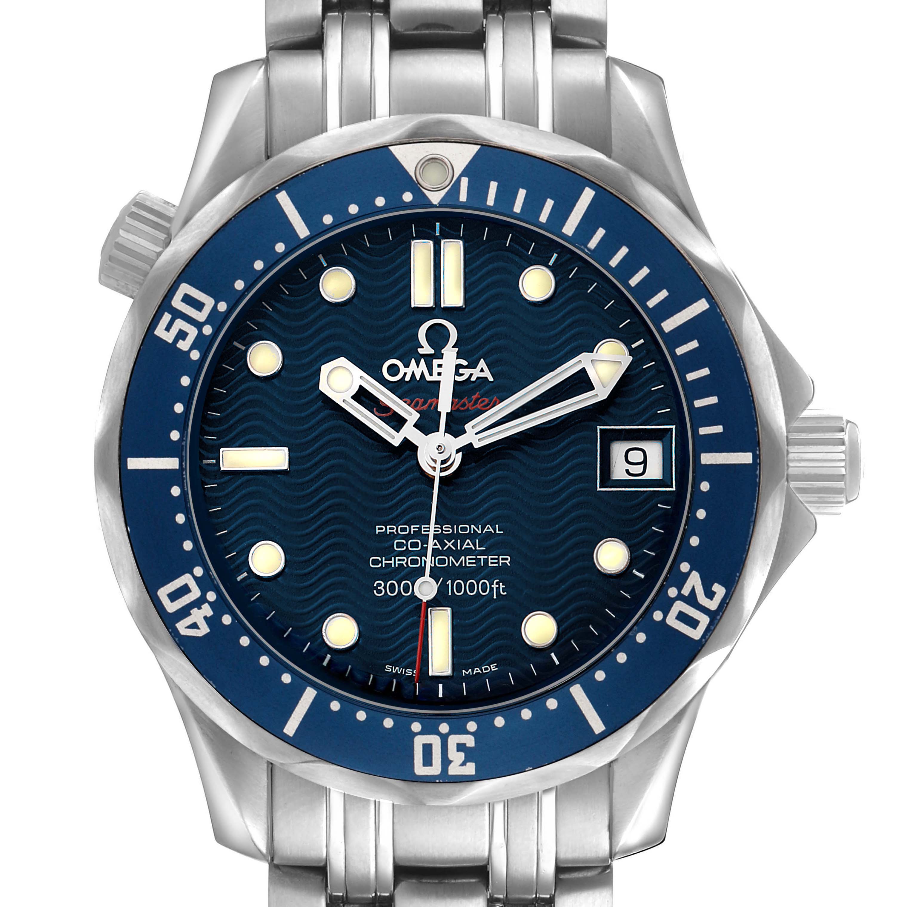 The Omega Seamaster 2222.80.00 Men's Stainless Steel Blue Dial watch is shown at a front angle, displaying its blue dial, bezel, hands, markers, and metal bracelet.