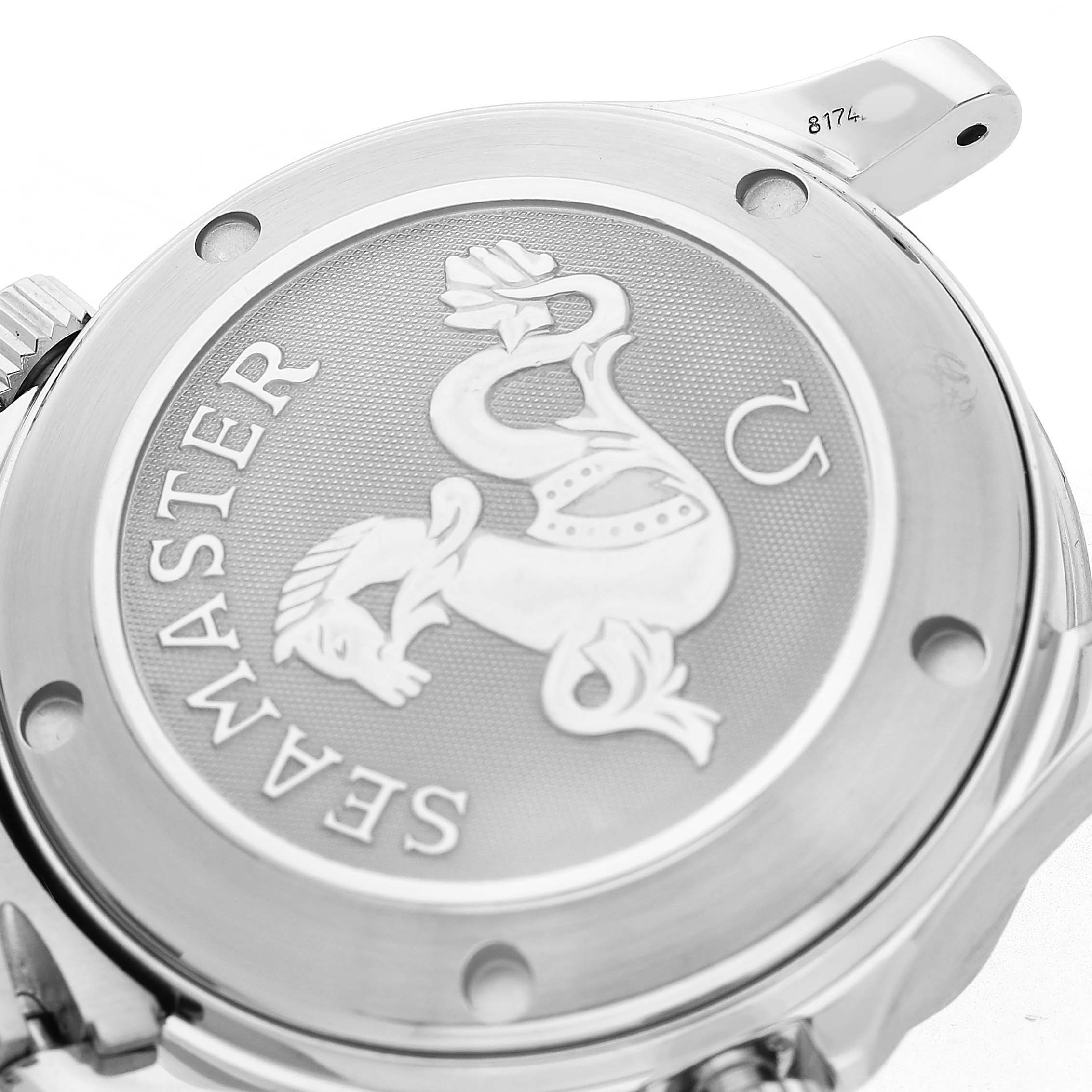 The image shows the case back of an Omega Seamaster 2222.80.00 Men's Stainless Steel Blue Dial watch with an embossed seahorse design.