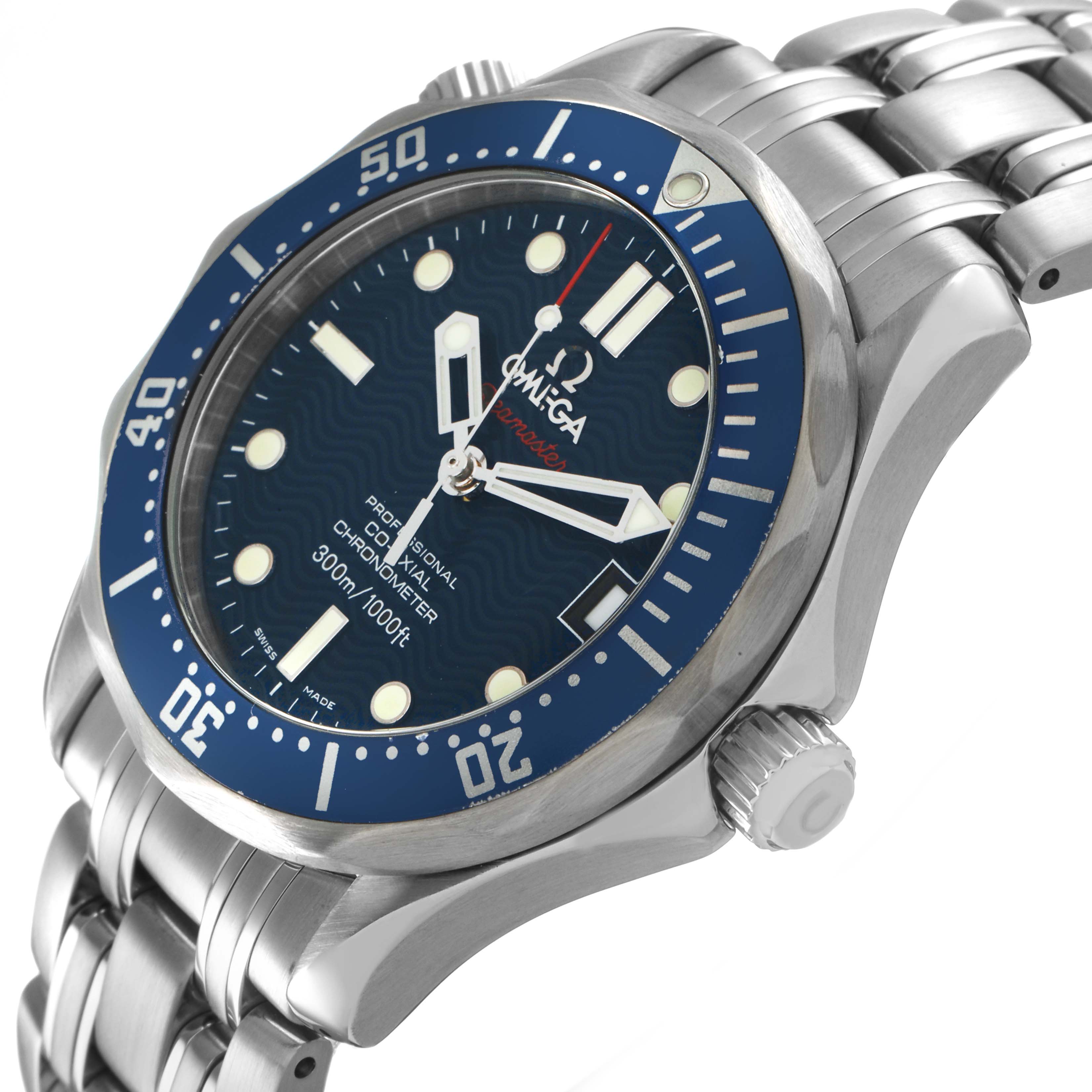 The Omega Seamaster 2222.80.00 Men's Stainless Steel Blue Dial watch is shown at an angled side view, highlighting the dial, bezel, crown, and bracelet.