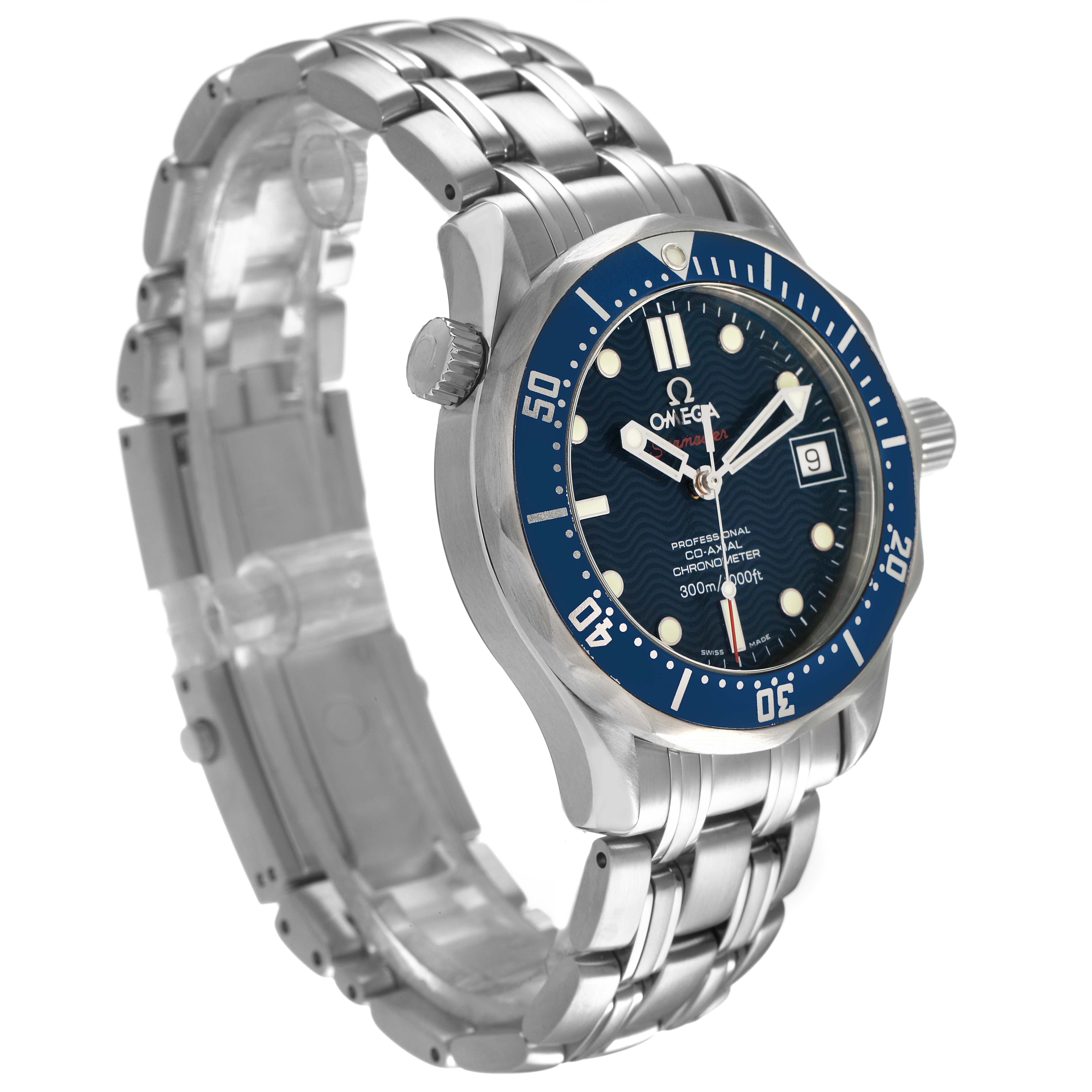 The Omega Seamaster 2222.80.00 Men's Stainless Steel Blue Dial watch is shown at a slight angle, displaying the face, bezel, case, crown, and stainless steel bracelet.