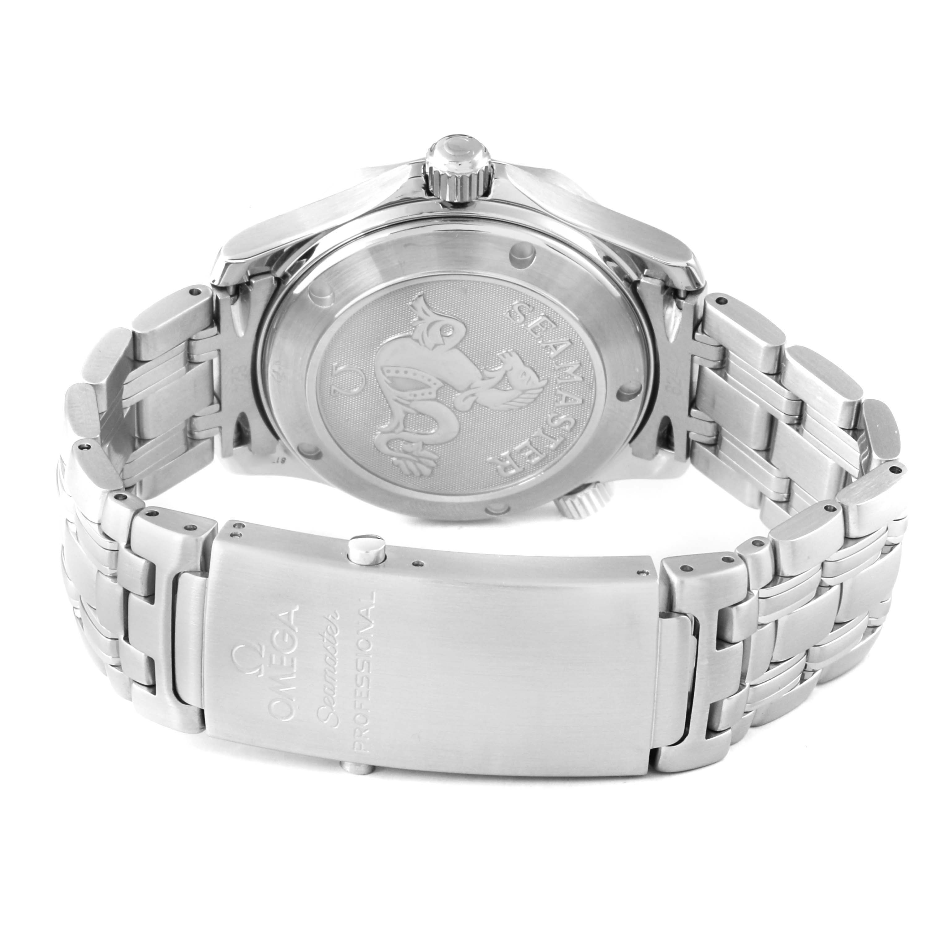 The Omega Seamaster 2222.80.00 Men's Stainless Steel Blue Dial watch is shown from the back, highlighting the case back design and metal bracelet clasp.