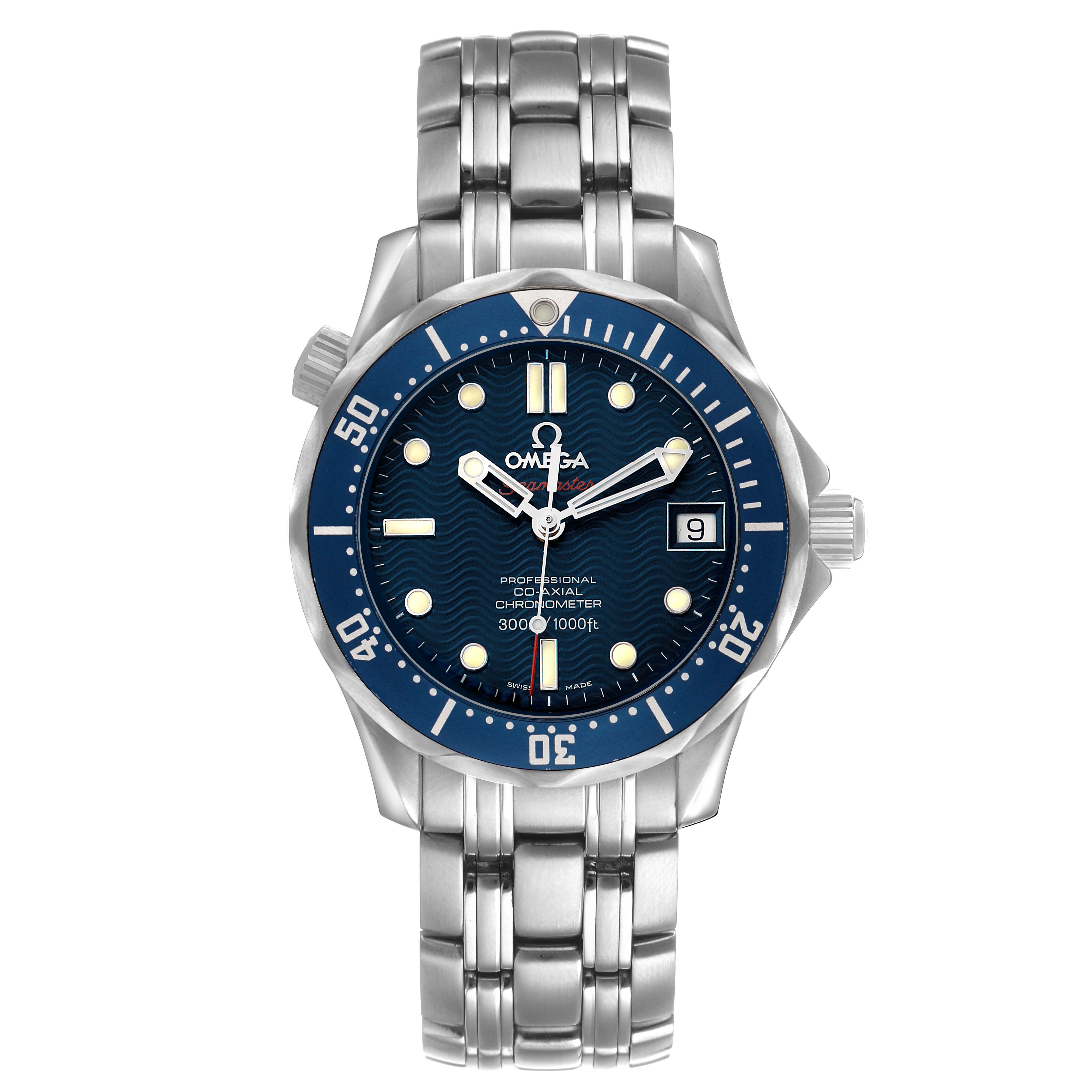 The Omega Seamaster 2222.80.00 Men's Stainless Steel Blue Dial watch is shown from the front, displaying the dial, bezel, hands, date window, and bracelet.
