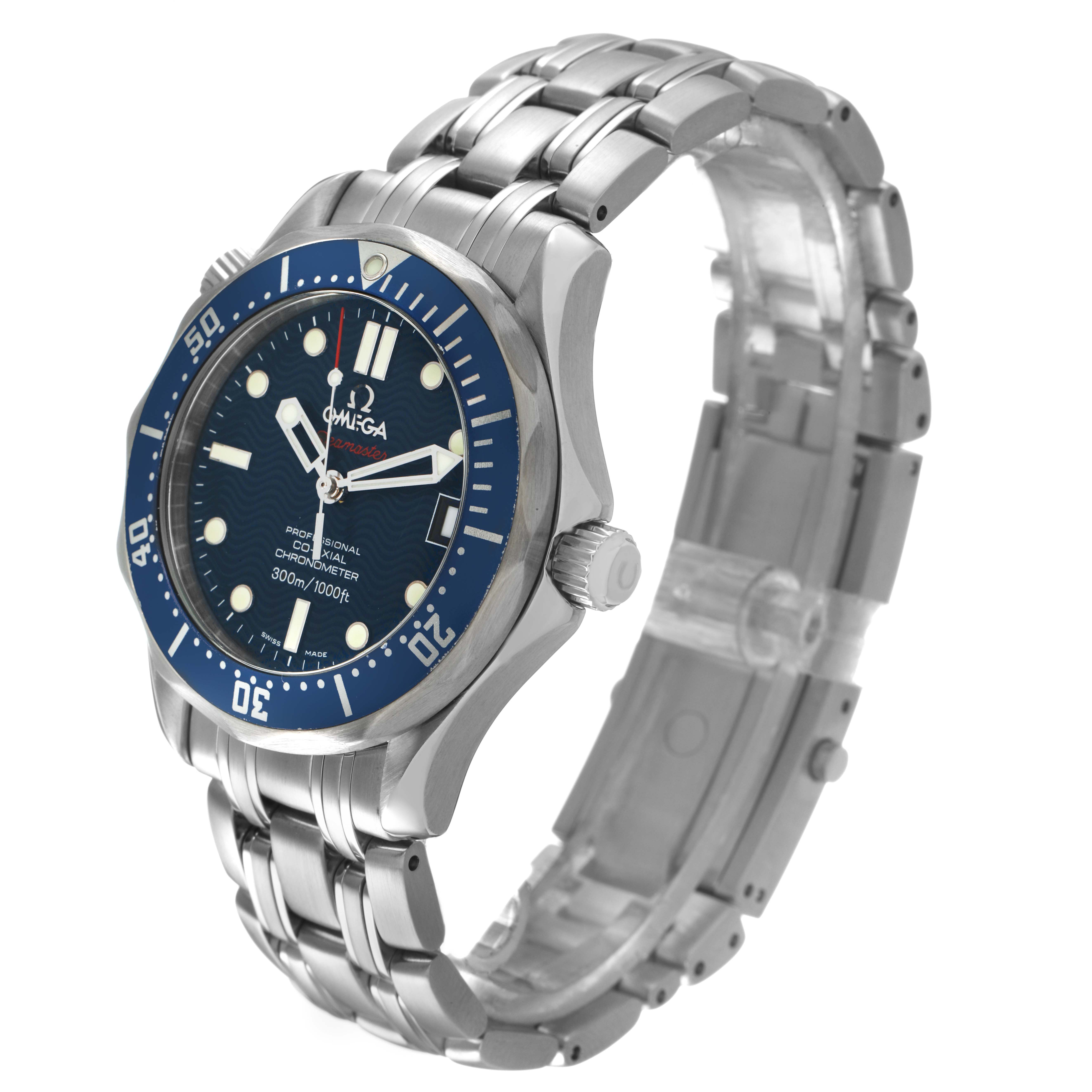 The Omega Seamaster 2222.80.00 Men's Stainless Steel Blue Dial watch is shown at a three-quarter angle, highlighting its face, bezel, crown, and bracelet.