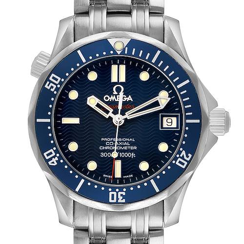 The Omega Seamaster 2222.80.00 Men's Stainless Steel Blue Dial watch is shown from the front, highlighting the bezel, dial, bracelet, and crown.