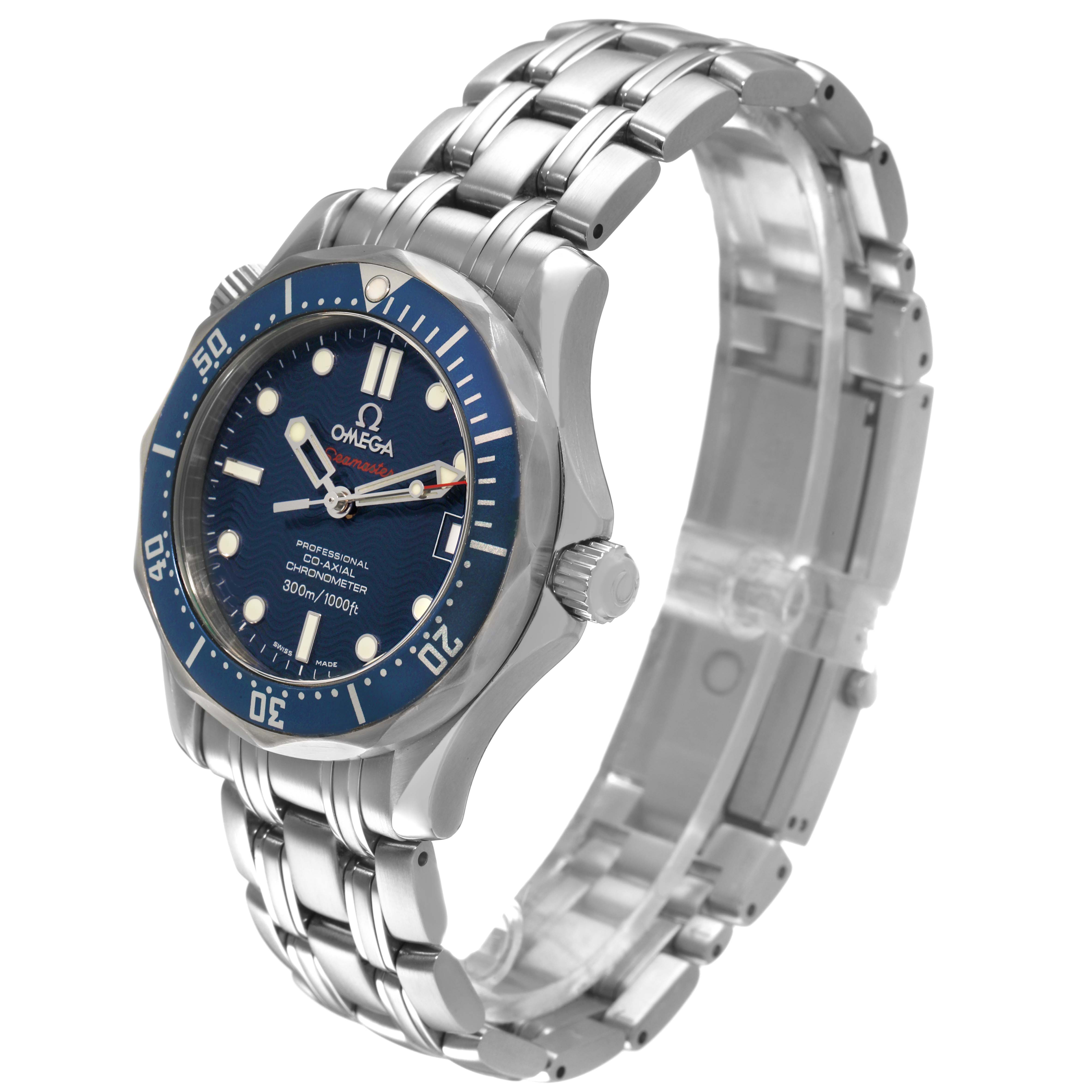 The Omega Seamaster 2222.80.00 Men's Stainless Steel Blue Dial watch is shown at a three-quarter angle, highlighting the face, bezel, crown, and metal bracelet.