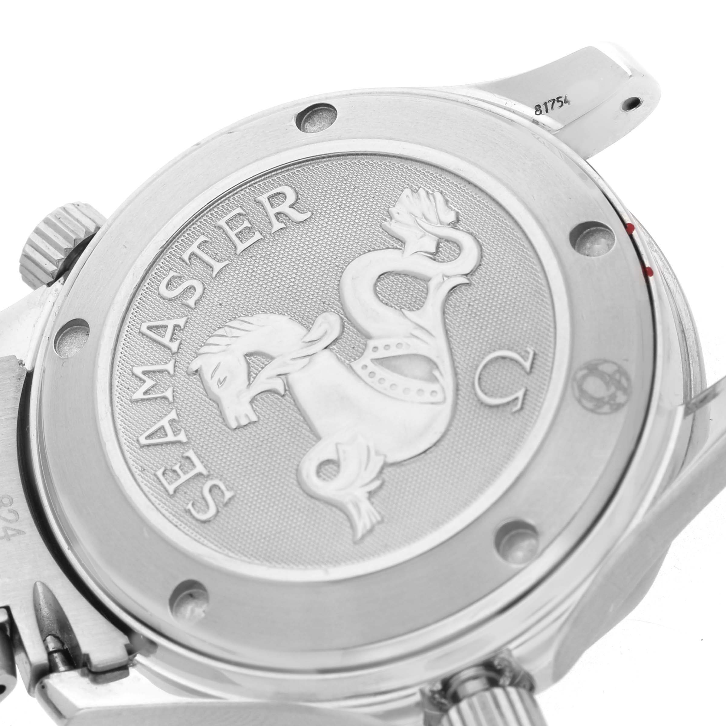 The image shows the case back of an Omega Seamaster 2222.80.00 Men's Stainless Steel Blue Dial watch, featuring the engraved horse emblem and branding.