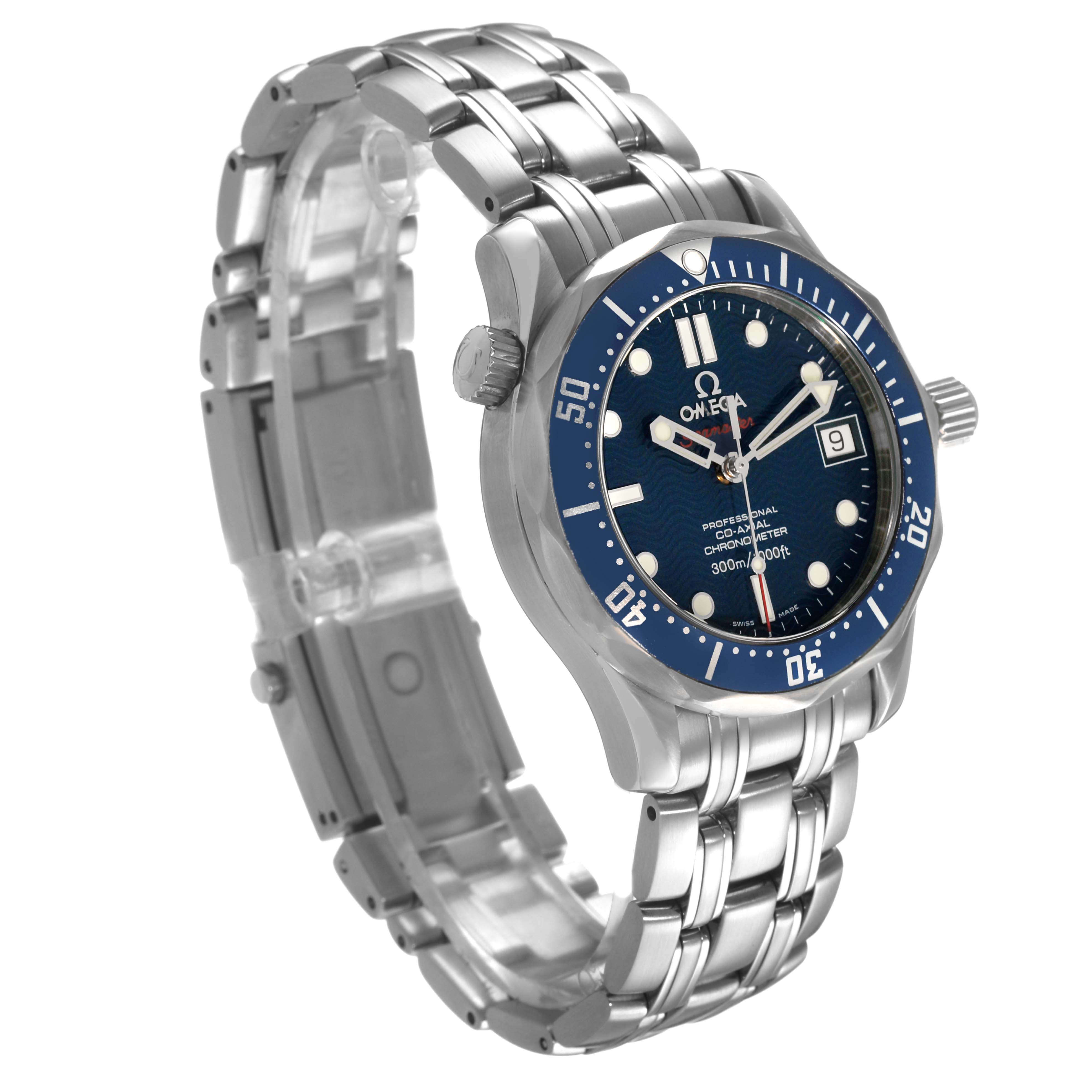 The Omega Seamaster 2222.80.00 Men's Stainless Steel Blue Dial watch is shown at a three-quarter angle, highlighting the face, bezel, crown, and bracelet.