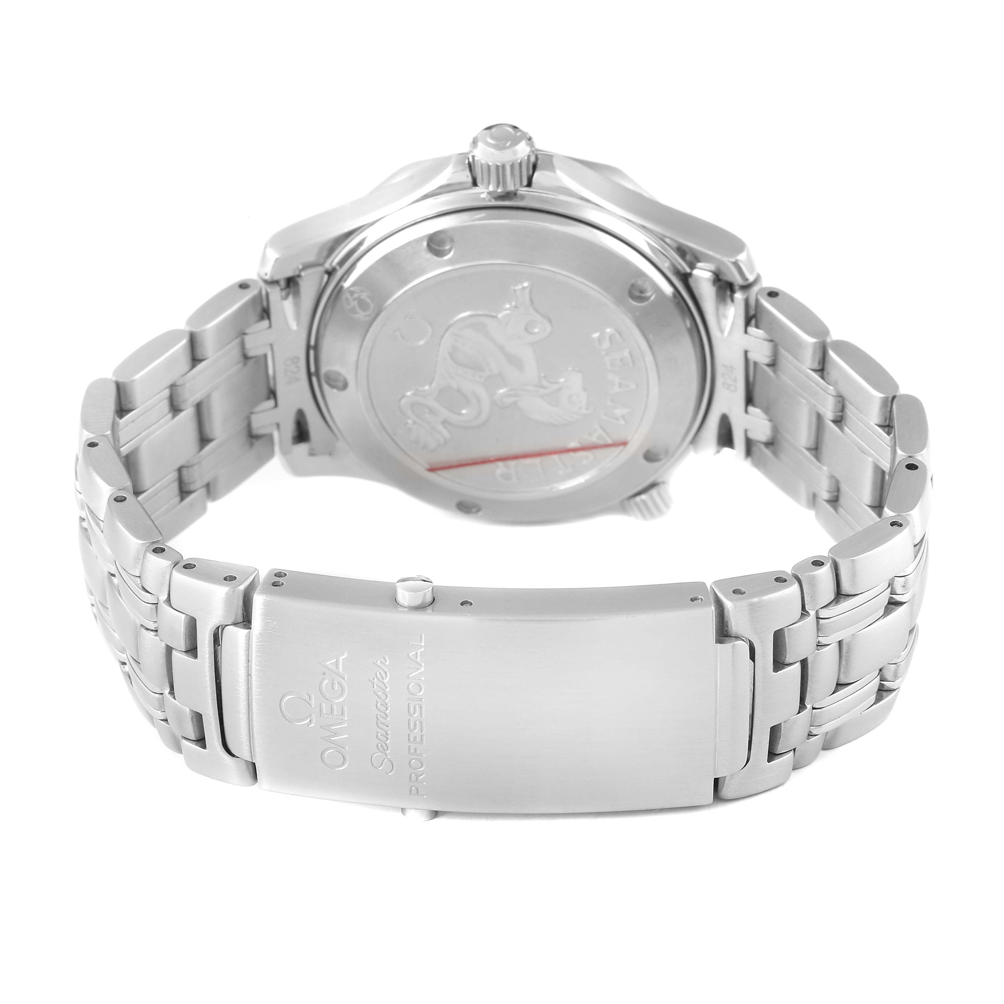 The Omega Seamaster 2222.80.00 Men's Stainless Steel Blue Dial watch is shown from the back, highlighting the case back, clasp, and bracelet.