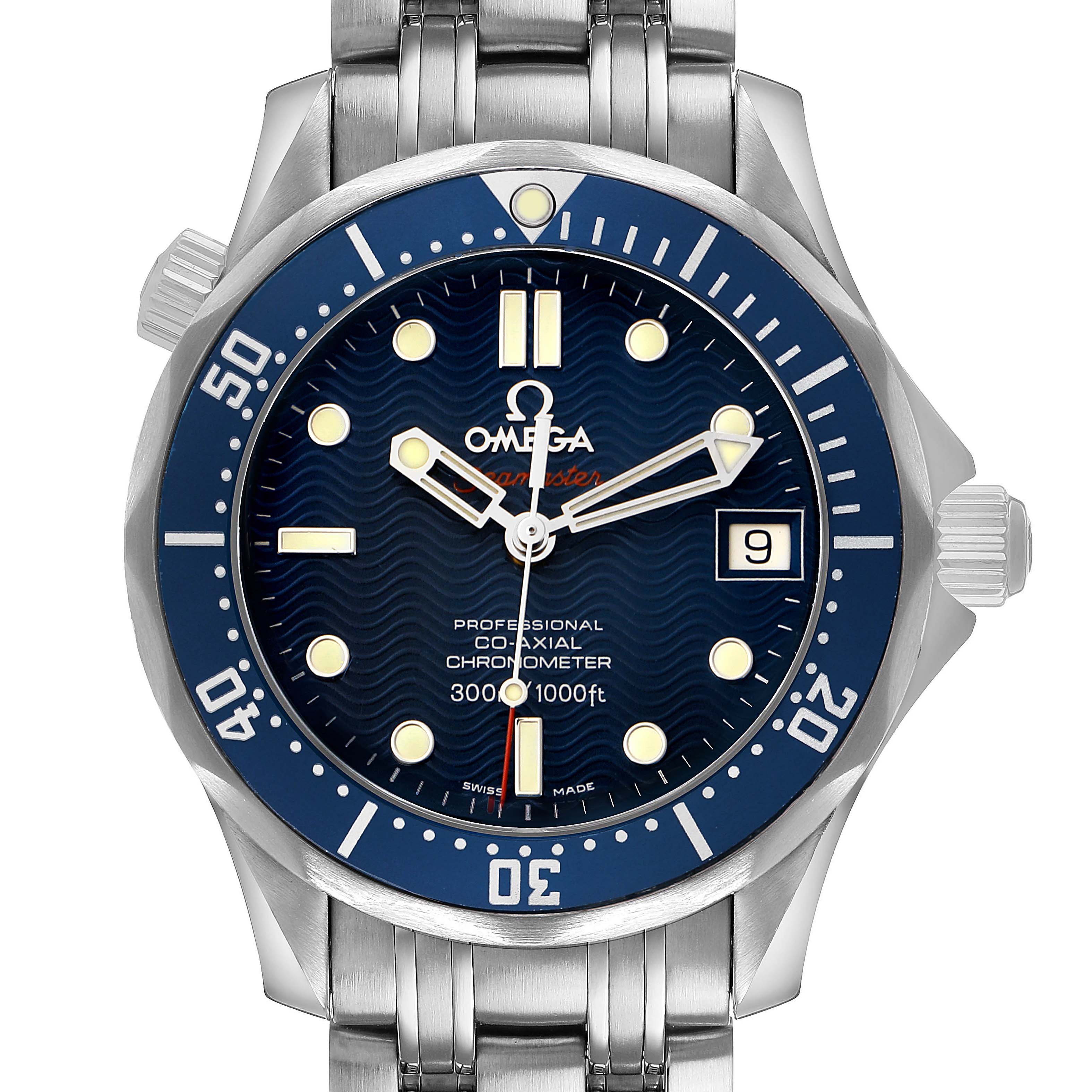 The Omega Seamaster 2222.80.00 Men's Stainless Steel Blue Dial watch is shown from the front, highlighting the bezel, dial, bracelet, and crown.