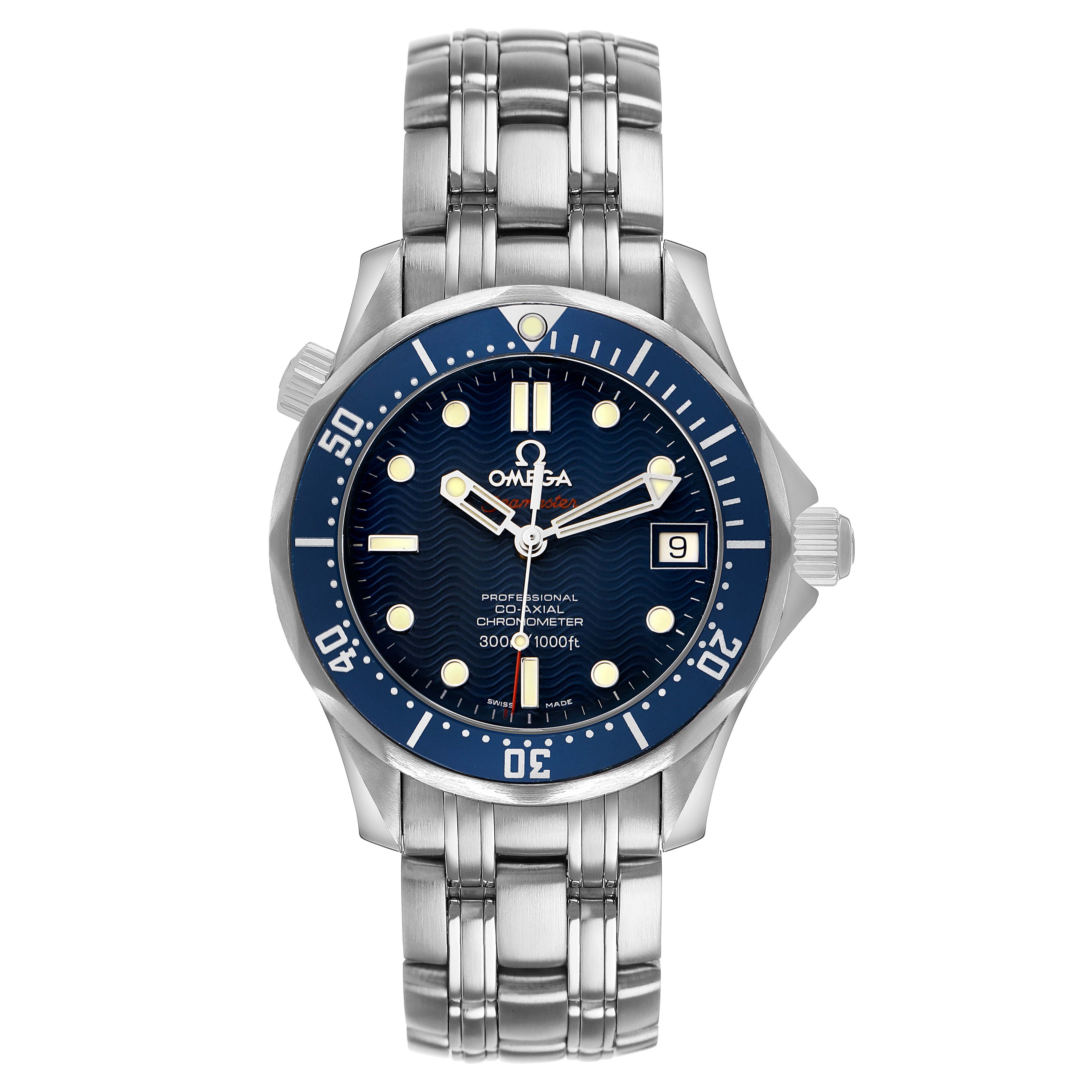 The image shows a full frontal view of an Omega Seamaster 2222.80.00 Men's Stainless Steel Blue Dial watch with a visible dial, bezel, crown, and bracelet.