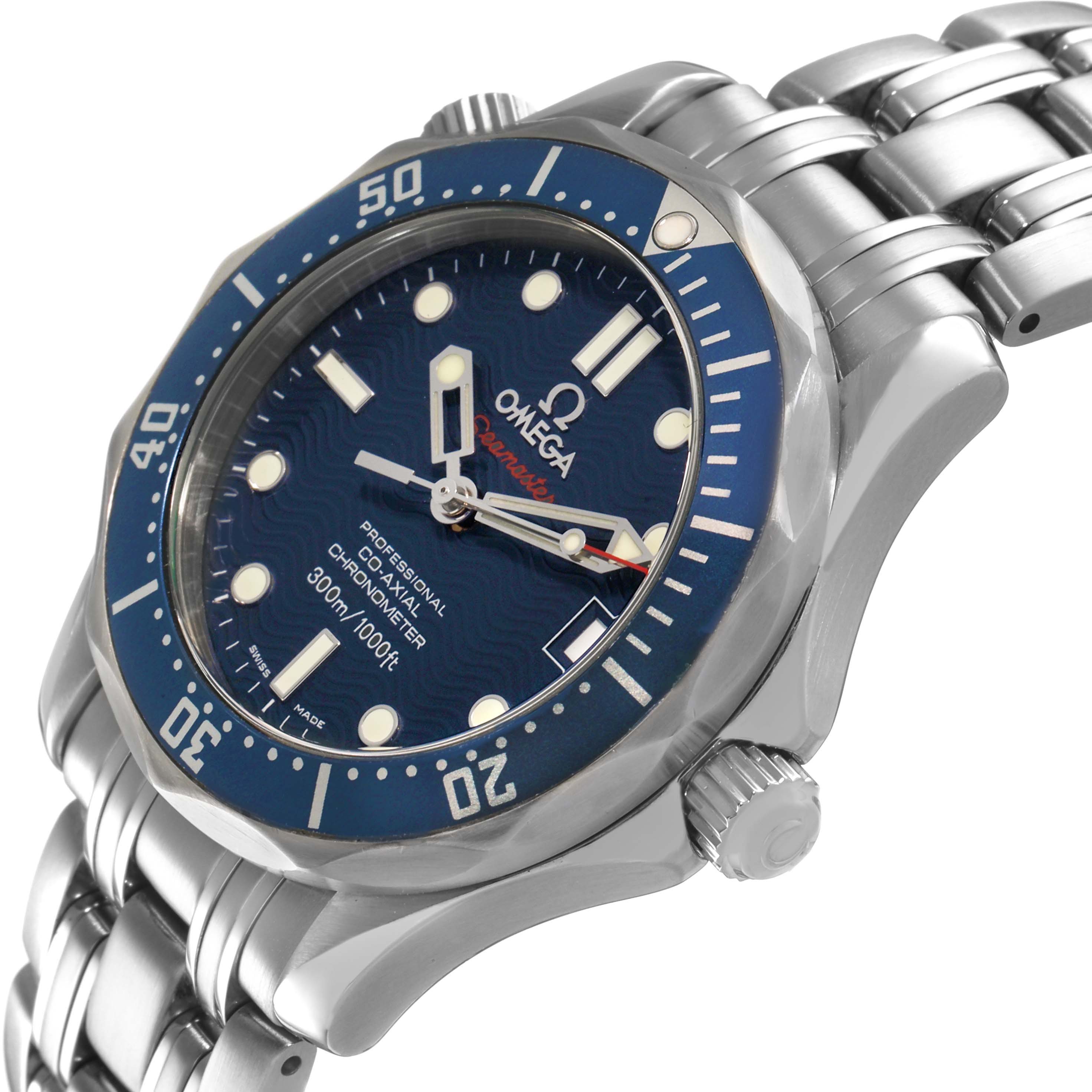 The Omega Seamaster 2222.80.00 Men's Stainless Steel Blue Dial watch is shown at an oblique angle, displaying the face, bezel, case, and bracelet.