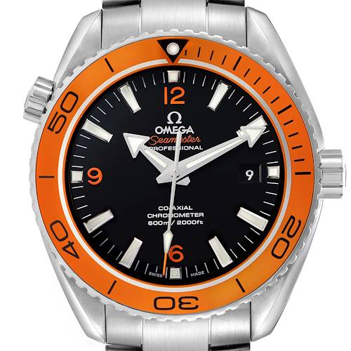 The Omega Planet Ocean 232.30.46.21.01.002 Men's Stainless Steel Black Dial watch is shown from a front angle, highlighting its orange bezel, black dial, and stainless steel bracelet.