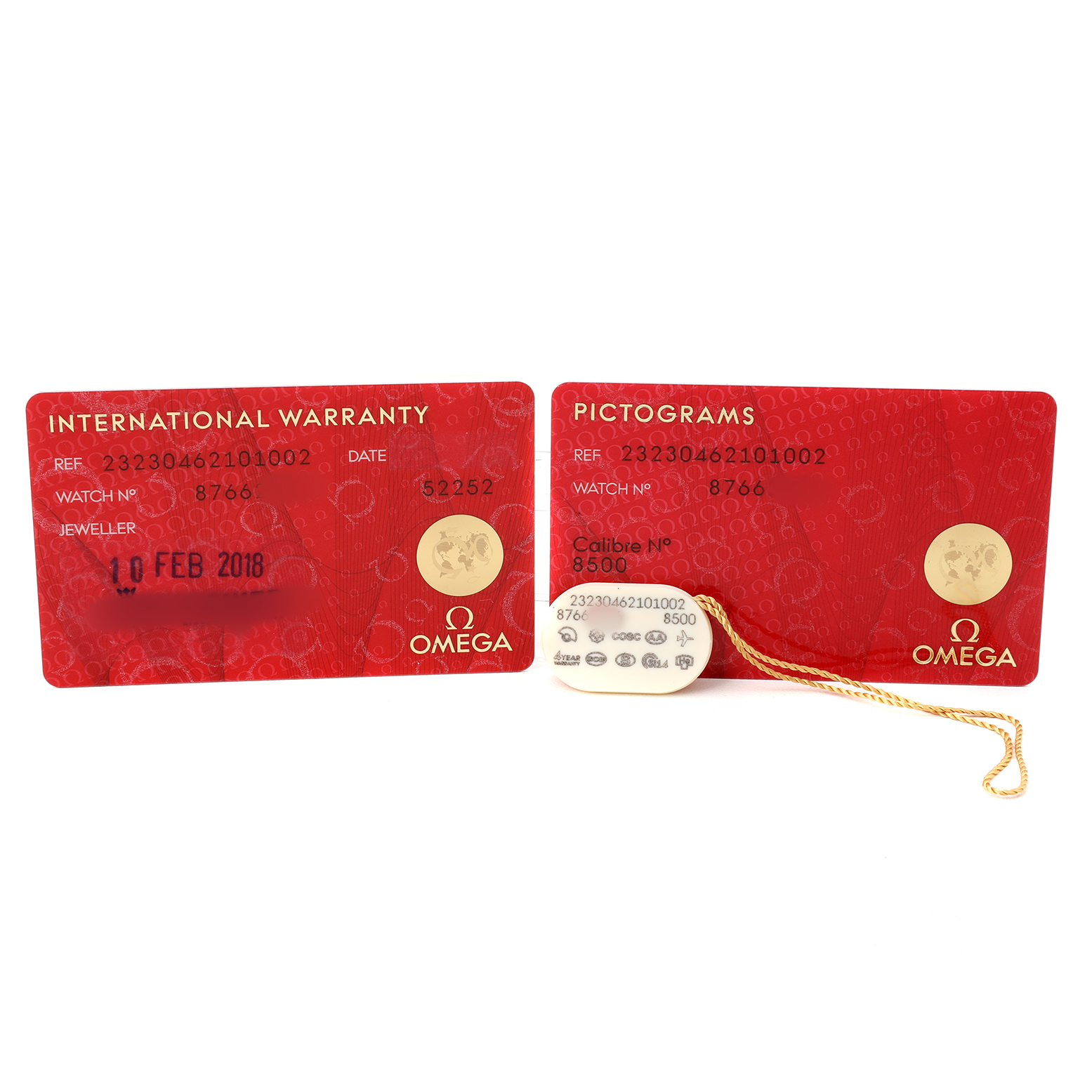 The image shows the warranty and pictogram cards alongside the tag for the Omega Planet Ocean 232.30.46.21.01.002 Men's Stainless Steel Black Dial model.