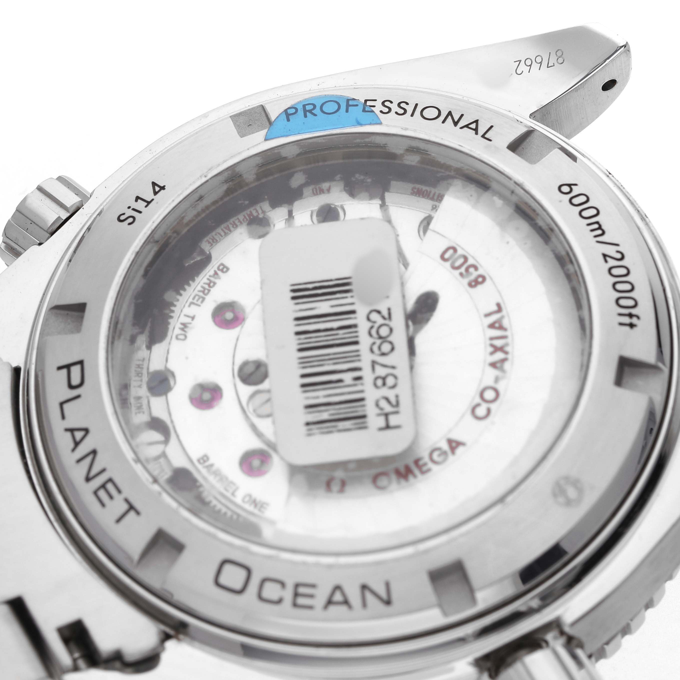 The image shows the back of the Omega Planet Ocean 232.30.46.21.01.002 Men's Stainless Steel Black Dial watch, highlighting the transparent caseback and movement details.