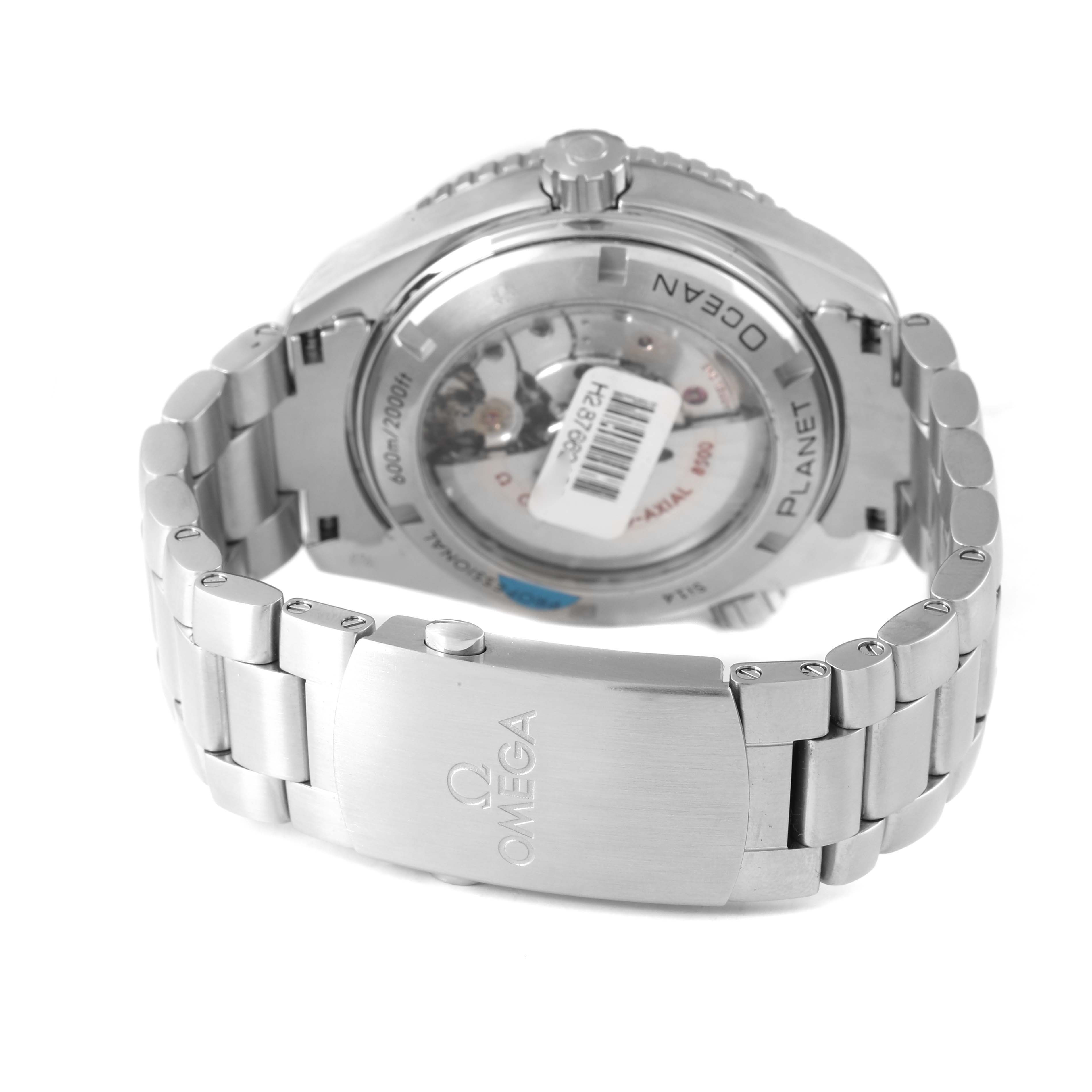 The Omega Planet Ocean 232.30.46.21.01.002 Men's Stainless Steel Black Dial watch is shown from the rear, highlighting its case back and metal bracelet clasp.