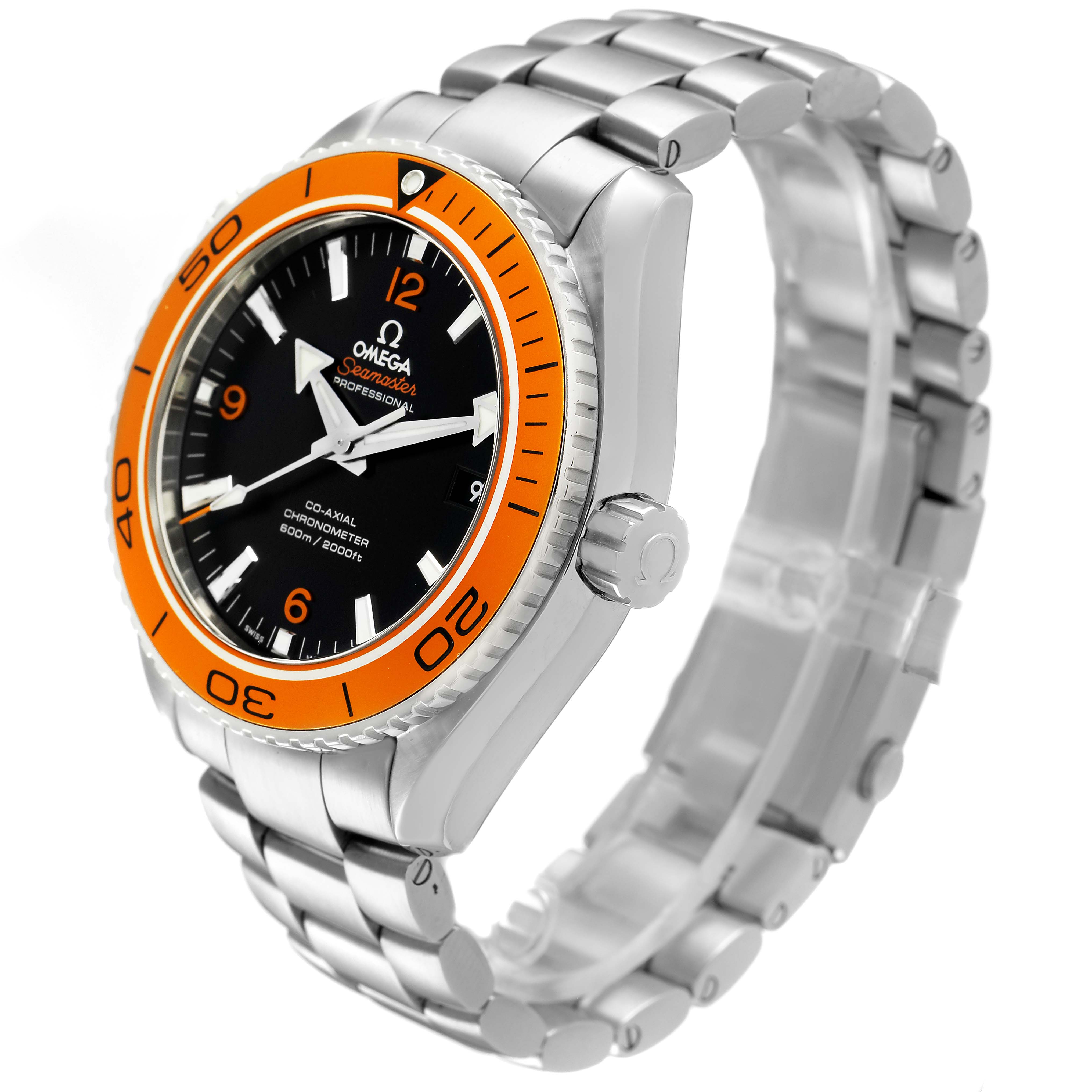 The Omega Planet Ocean 232.30.46.21.01.002 Men's Stainless Steel Black Dial watch is shown at a three-quarter angle, highlighting the orange bezel, black dial, and bracelet.