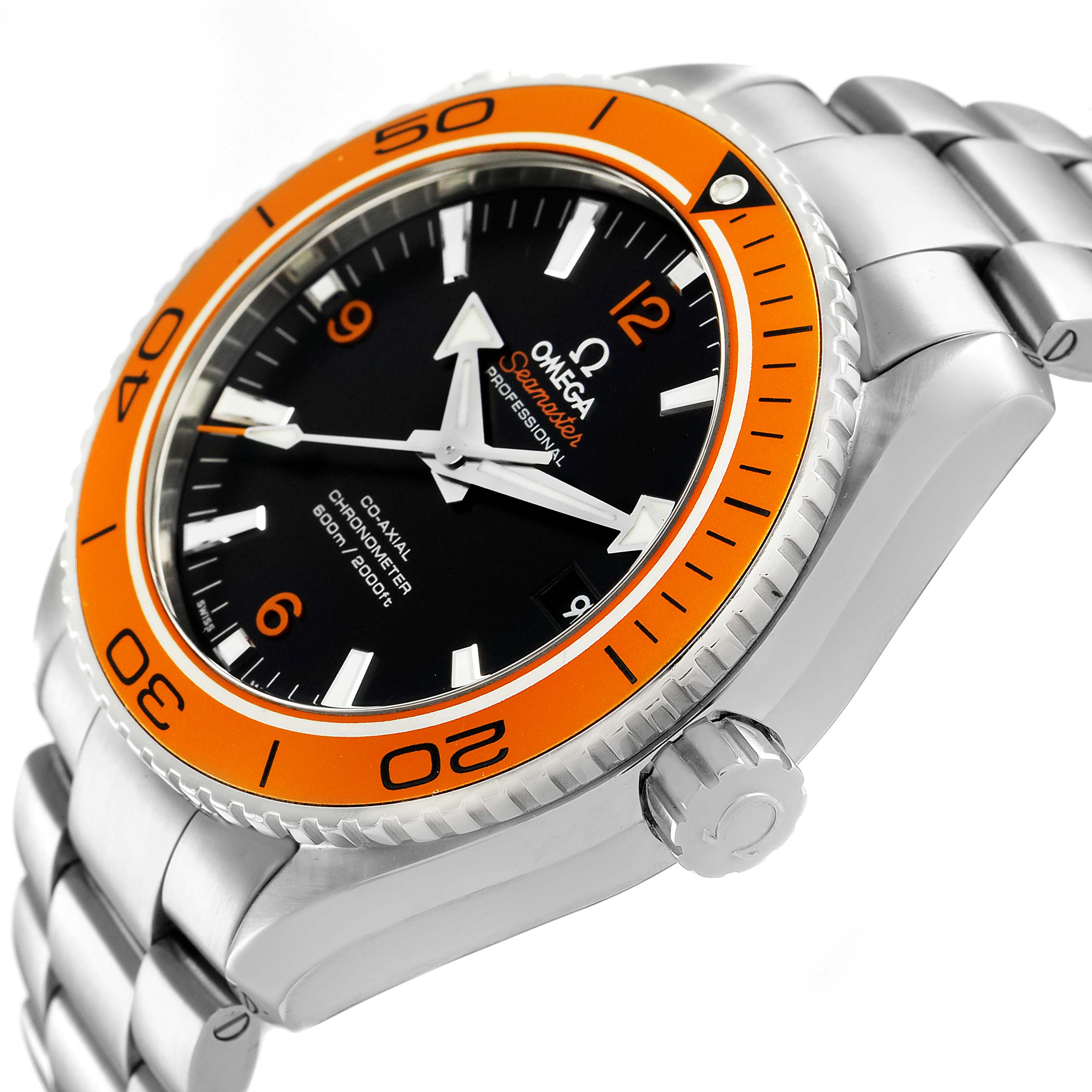 The image shows the Omega Planet Ocean 232.30.46.21.01.002 Men's Stainless Steel Black Dial watch at an angle highlighting the face, bezel, crown, and part of the bracelet.