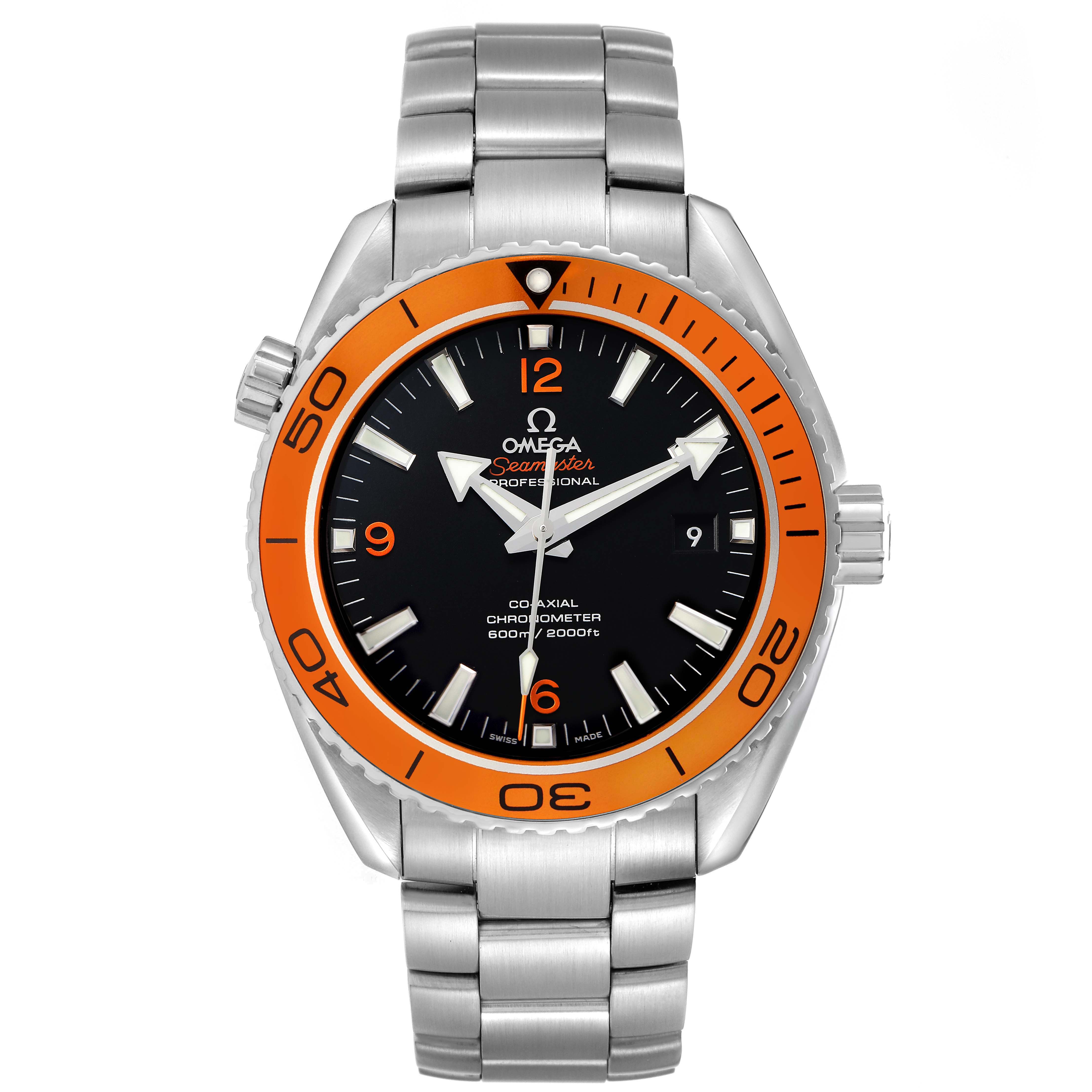 The Omega Planet Ocean 232.30.46.21.01.002 Men's Stainless Steel Black Dial watch is shown from the front, displaying its orange bezel, black dial, and metal bracelet.