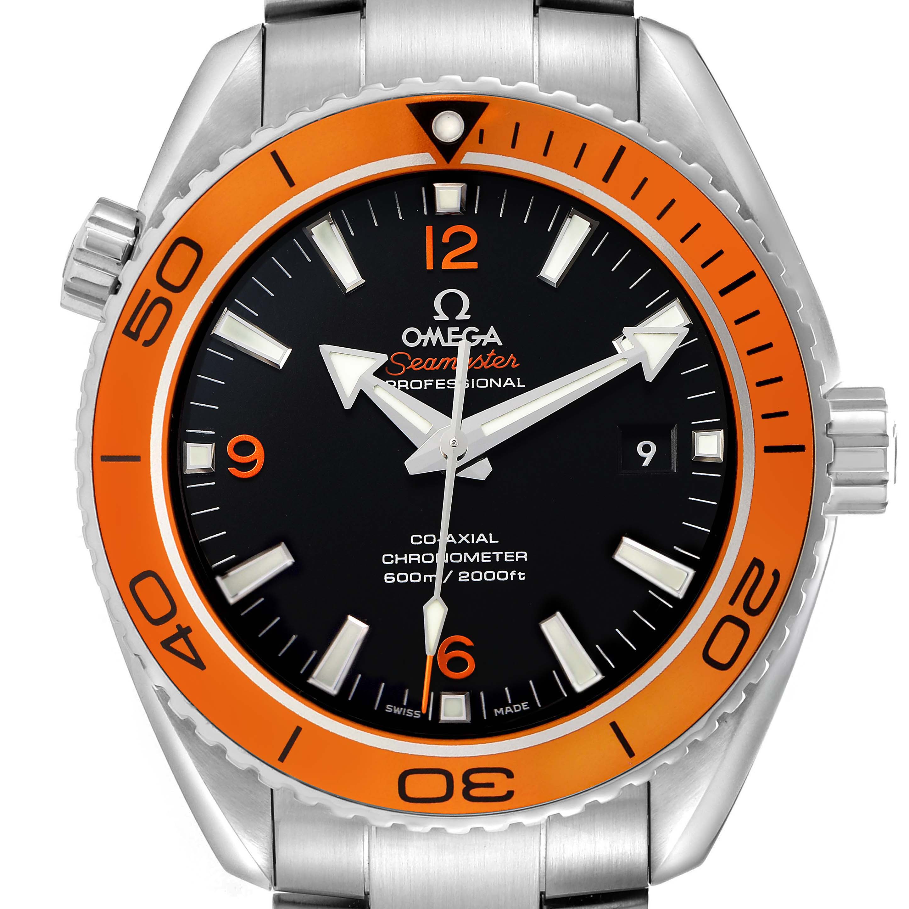 The Omega Planet Ocean 232.30.46.21.01.002 Men's Stainless Steel Black Dial watch is shown from the front, highlighting the orange bezel, black dial, and stainless steel bracelet.
