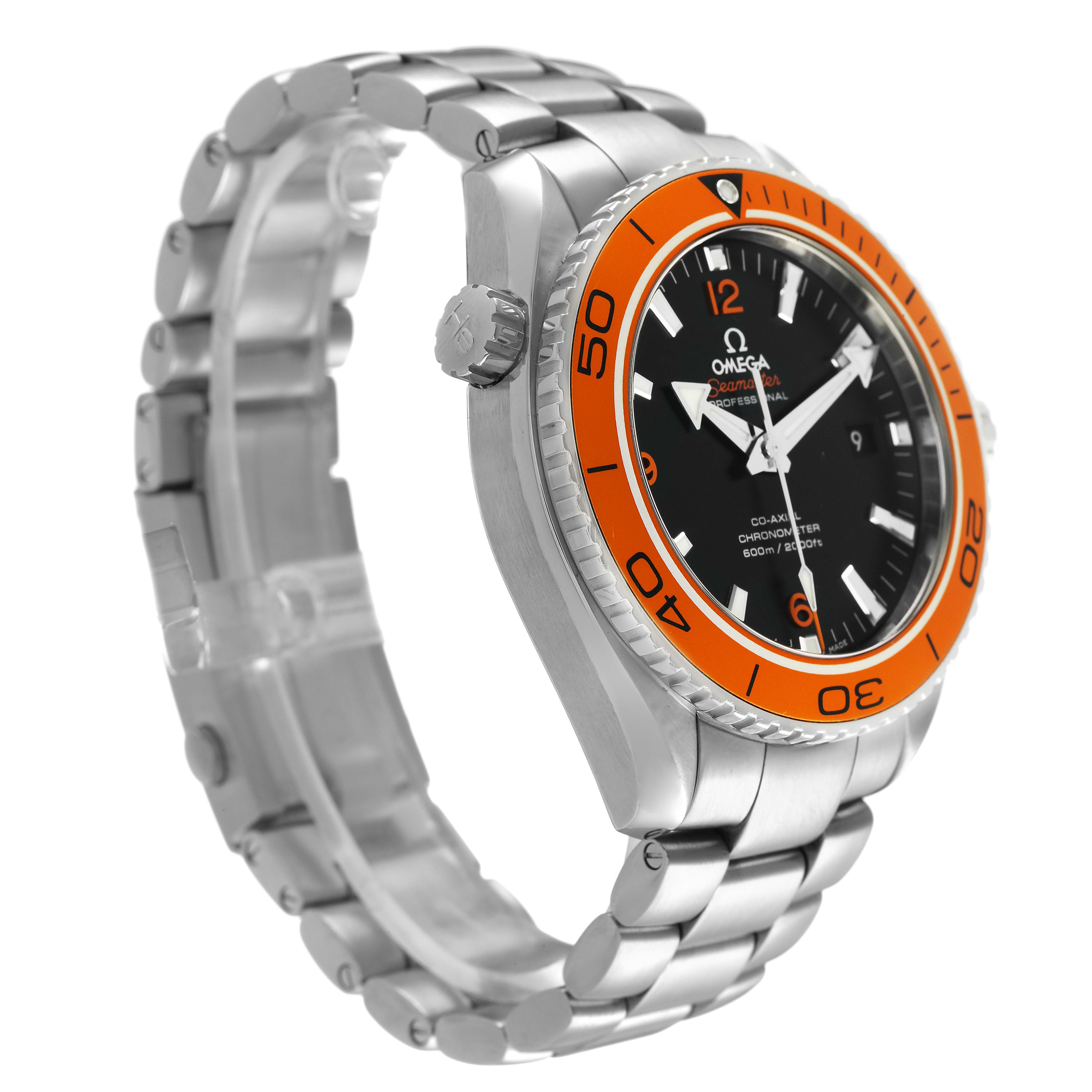 The Omega Planet Ocean 232.30.46.21.01.002 Men's Stainless Steel Black Dial watch is shown at a side angle, featuring the bezel, crown, and bracelet.