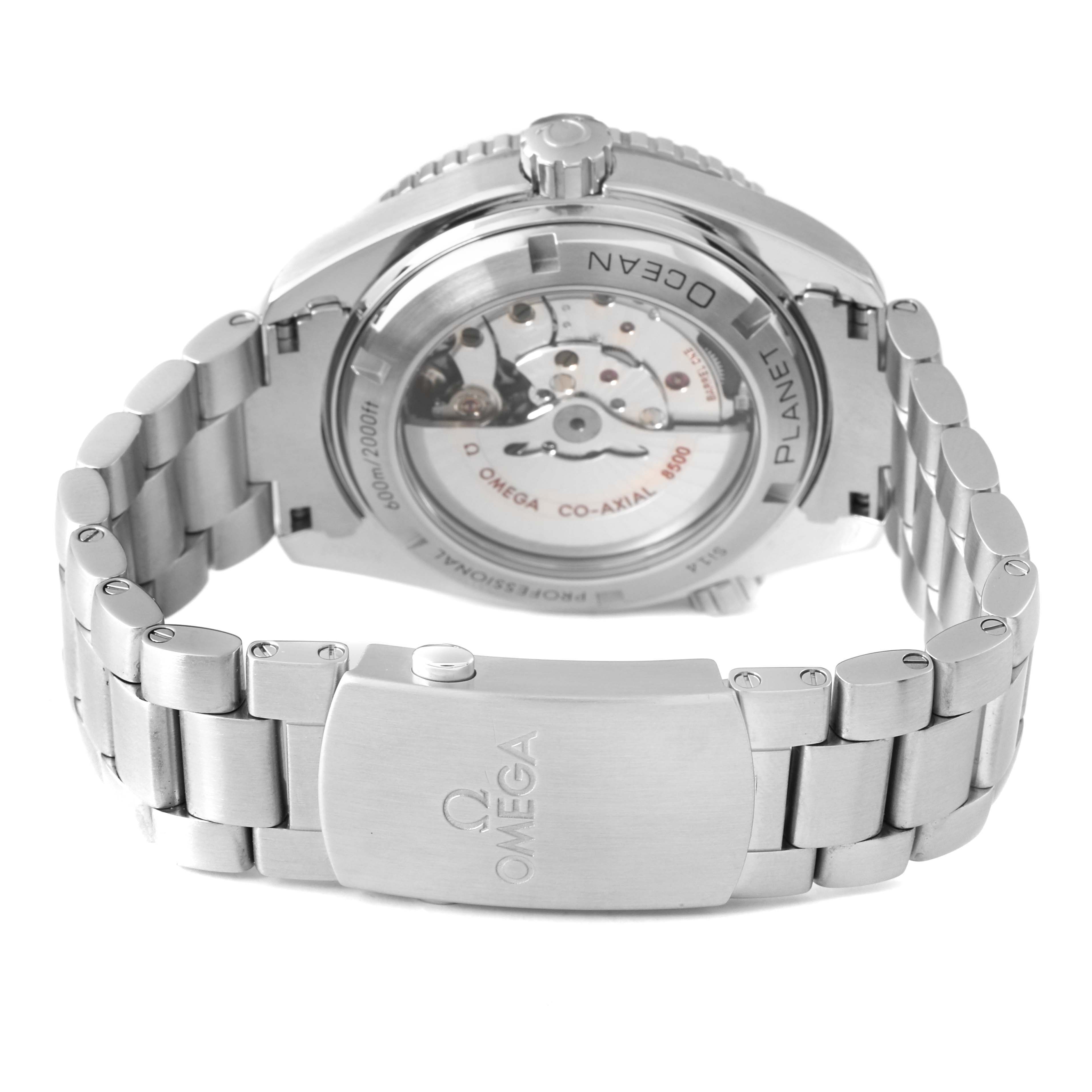 The image shows the back of the Omega Planet Ocean 232.30.46.21.01.002 Men's Stainless Steel Black Dial watch, highlighting the caseback and metal bracelet.