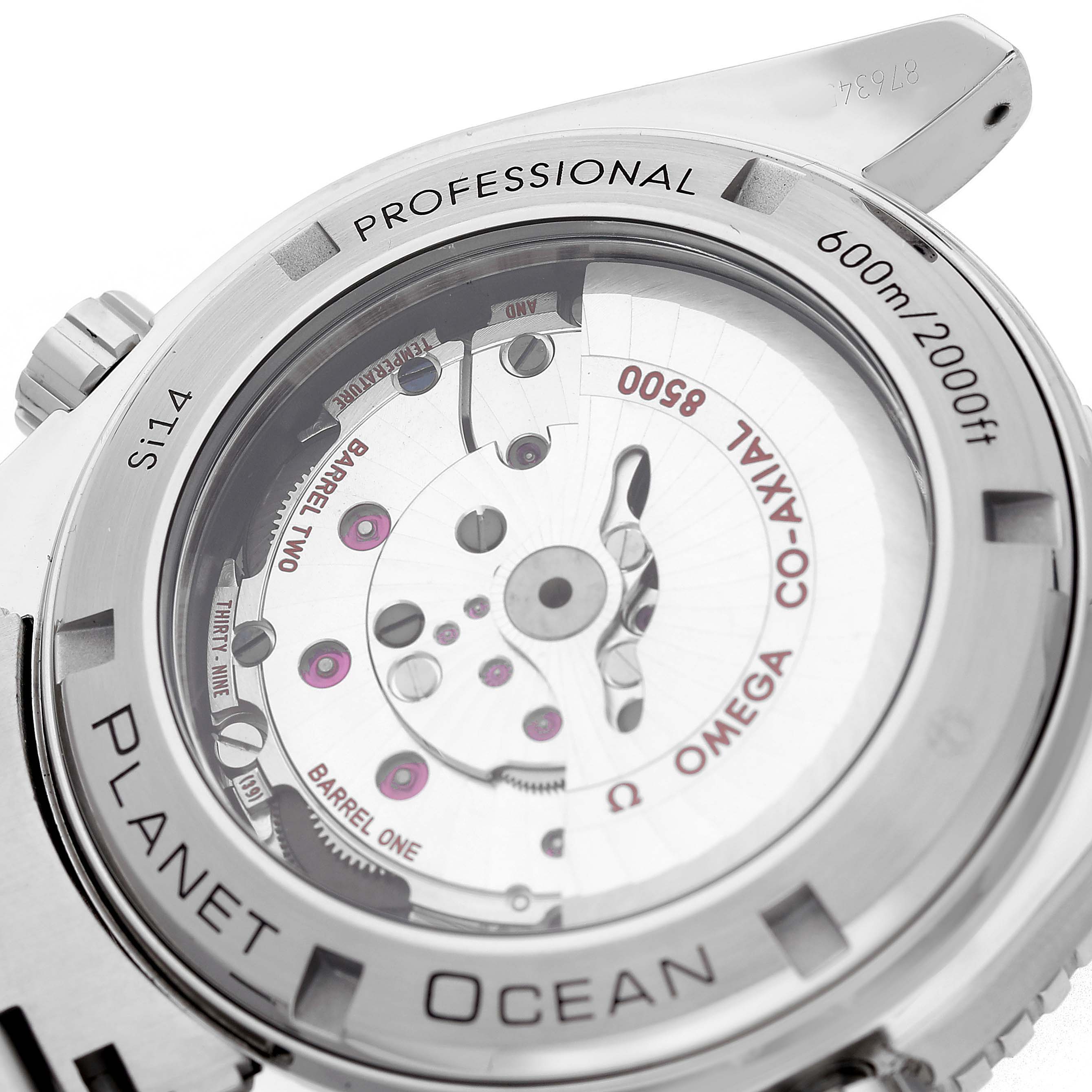 The image shows the back view of an Omega Planet Ocean 232.30.46.21.01.002 Men's Stainless Steel Black Dial, highlighting its Co-Axial movement and transparent case back.