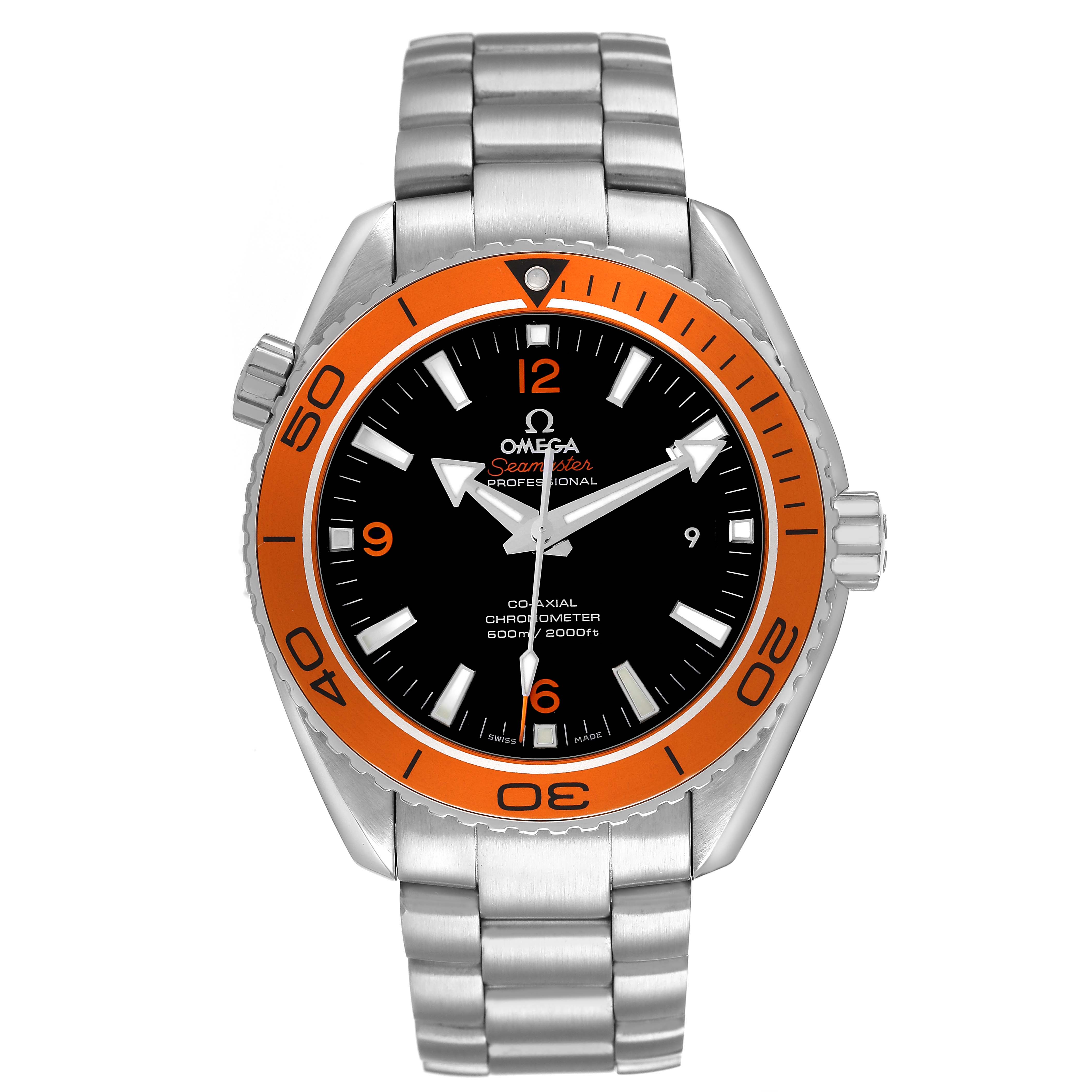 The Omega Planet Ocean 232.30.46.21.01.002 Men's Stainless Steel Black Dial watch is shown from the front, displaying its face, bezel, and stainless steel bracelet.
