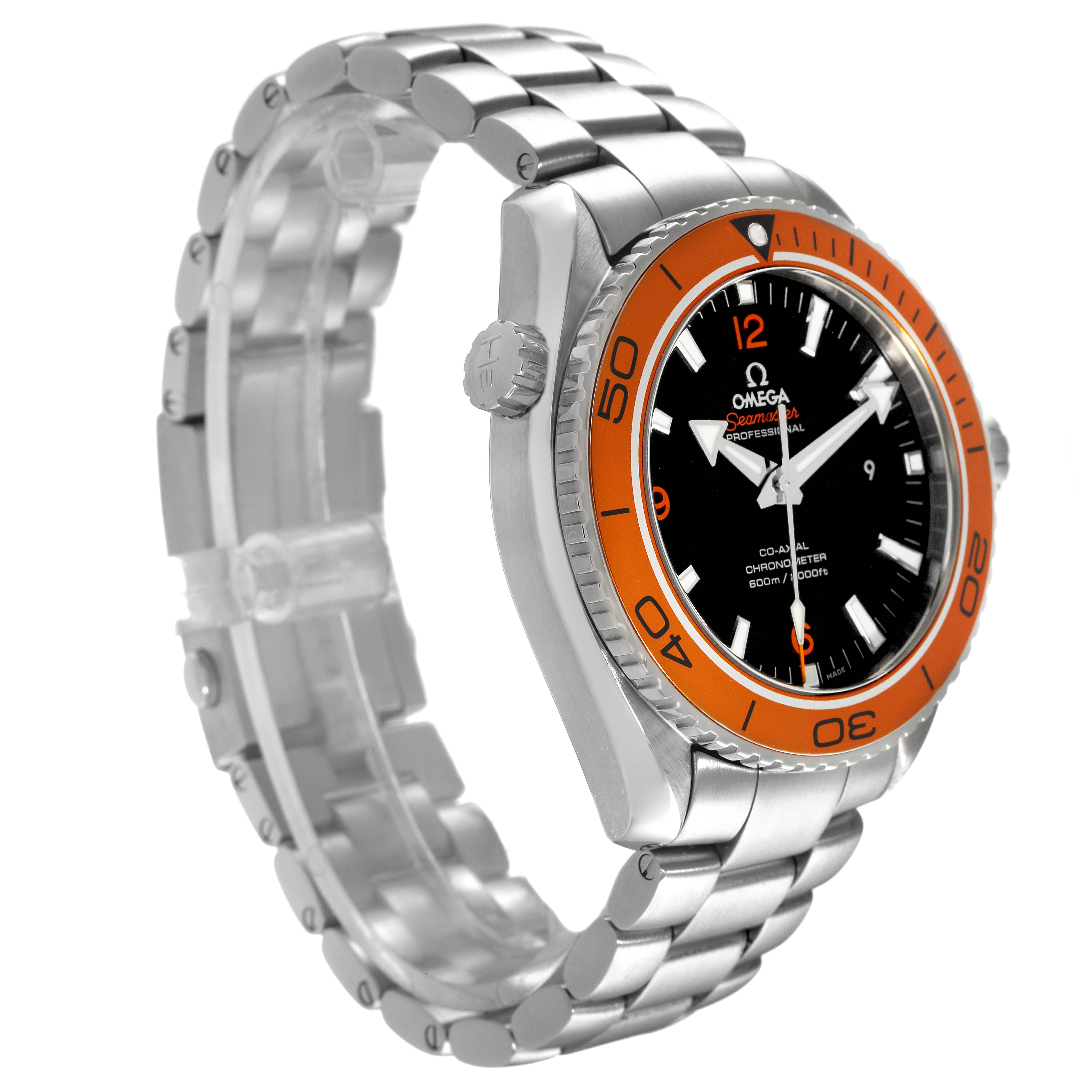 The Omega Planet Ocean 232.30.46.21.01.002 Men's Stainless Steel Black Dial model is shown at an angled side view, highlighting the orange bezel, crown, dial, and metal bracelet.