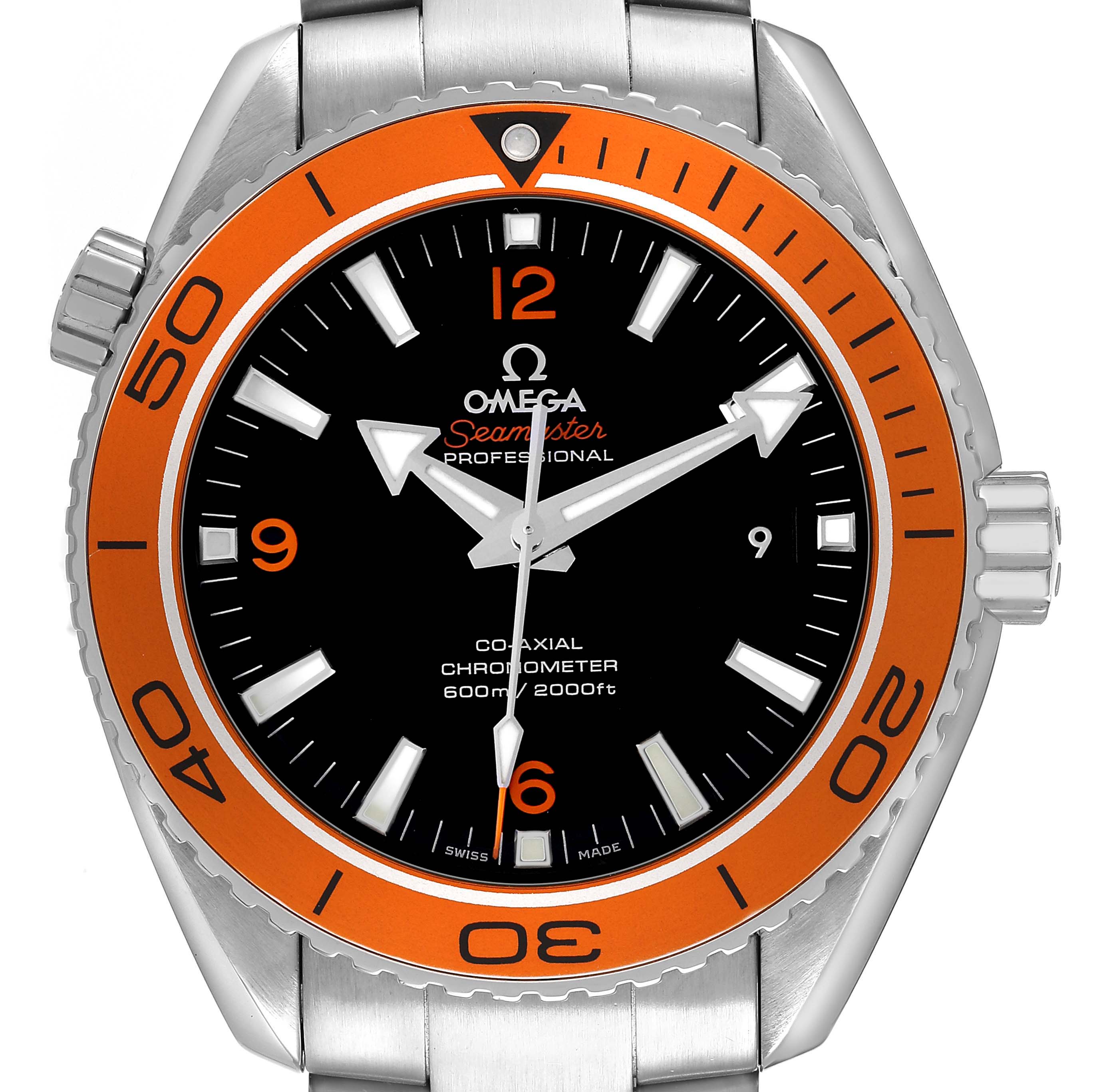 The Omega Planet Ocean 232.30.46.21.01.002 Men's Stainless Steel Black Dial watch is shown from a front angle, featuring its bezel, dial, and crown.