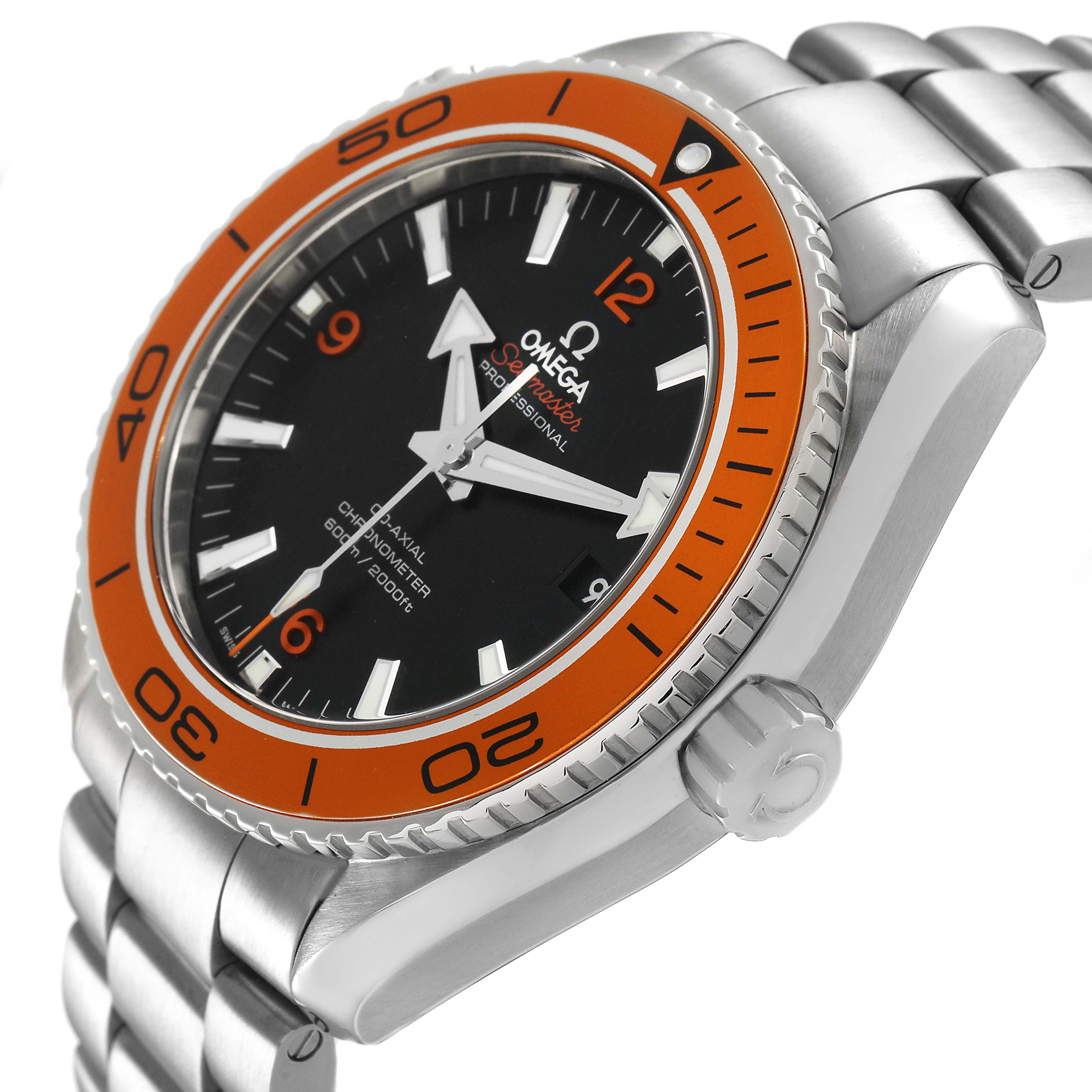 The Omega Planet Ocean 232.30.46.21.01.002 Men's Stainless Steel Black Dial watch is shown at an angle highlighting the face, bezel, crown, and part of the bracelet.