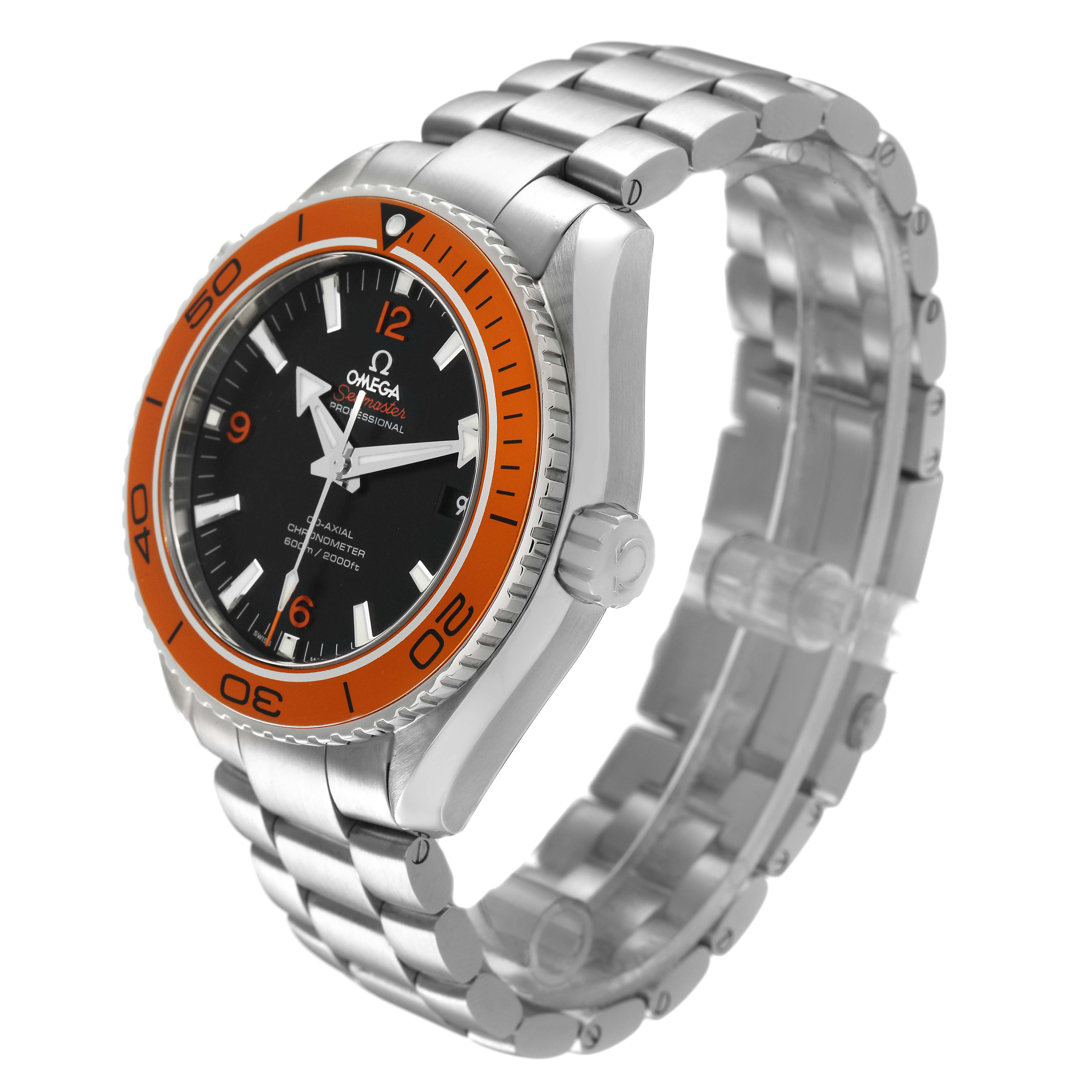 The Omega Planet Ocean 232.30.46.21.01.002 Men's Stainless Steel Black Dial watch is shown at an angle highlighting the face, bezel, crown, and part of the metal bracelet.