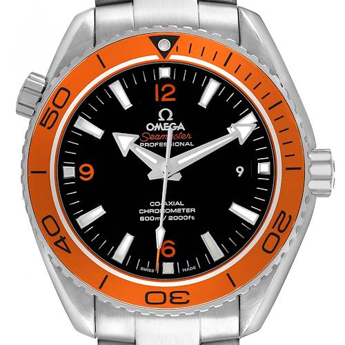 The Omega Seamaster Planet Ocean watch is shown from a front angle, displaying the dial, orange bezel, and crown.