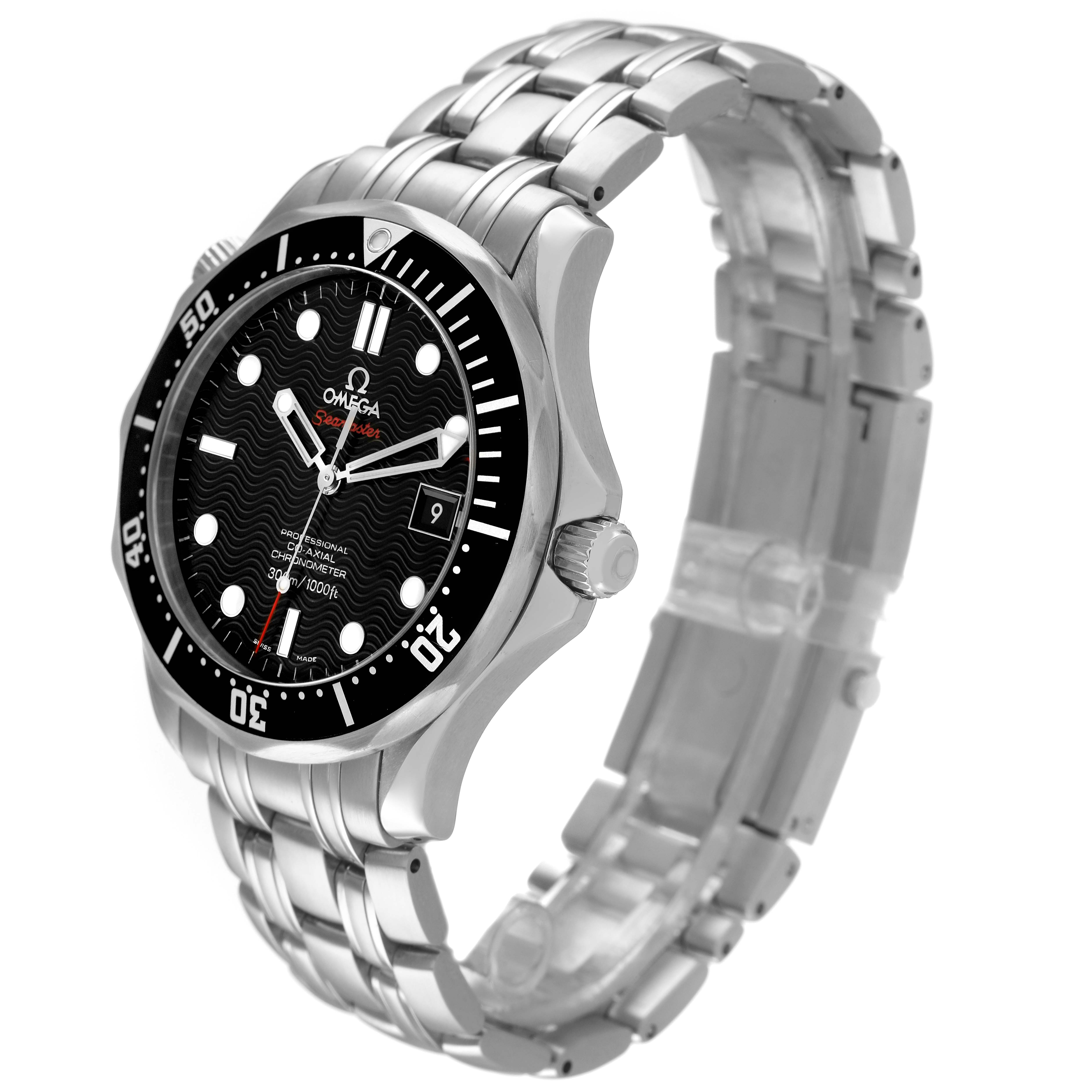 The Omega Seamaster 212.30.41.20.01.002 Men's Stainless Steel Black Dial watch is shown at a three-quarter angle, highlighting the face, bezel, and bracelet.