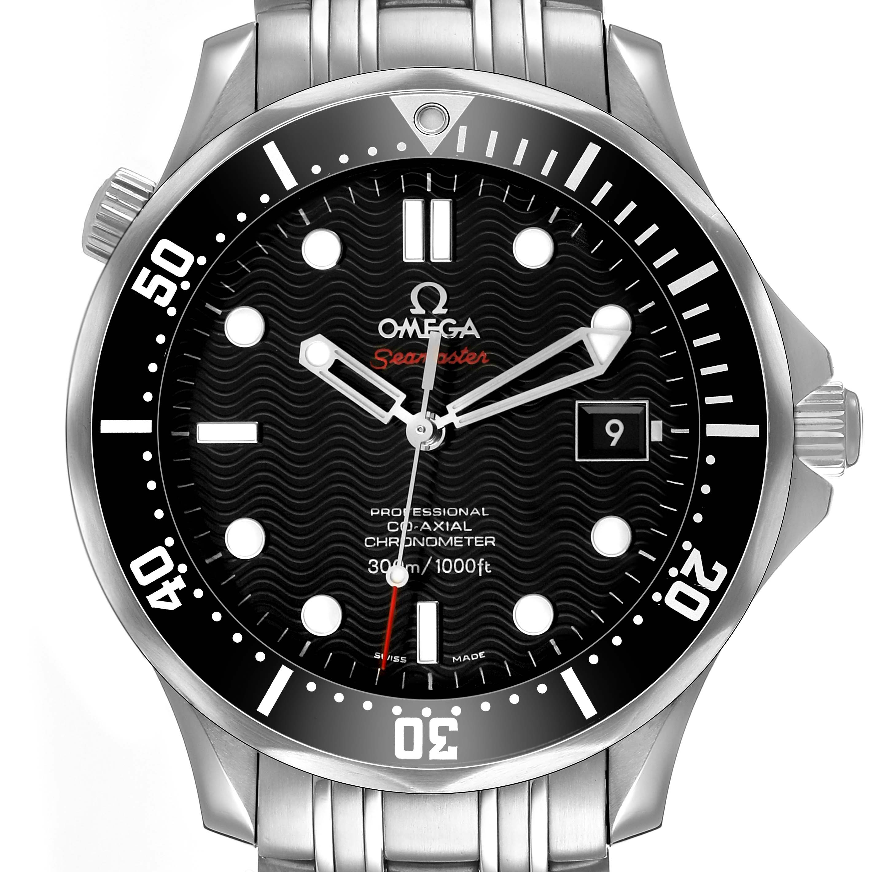 The Omega Seamaster 212.30.41.20.01.002 Men's Stainless Steel Black Dial watch is shown from the front, displaying its dial, bezel, case, and bracelet.