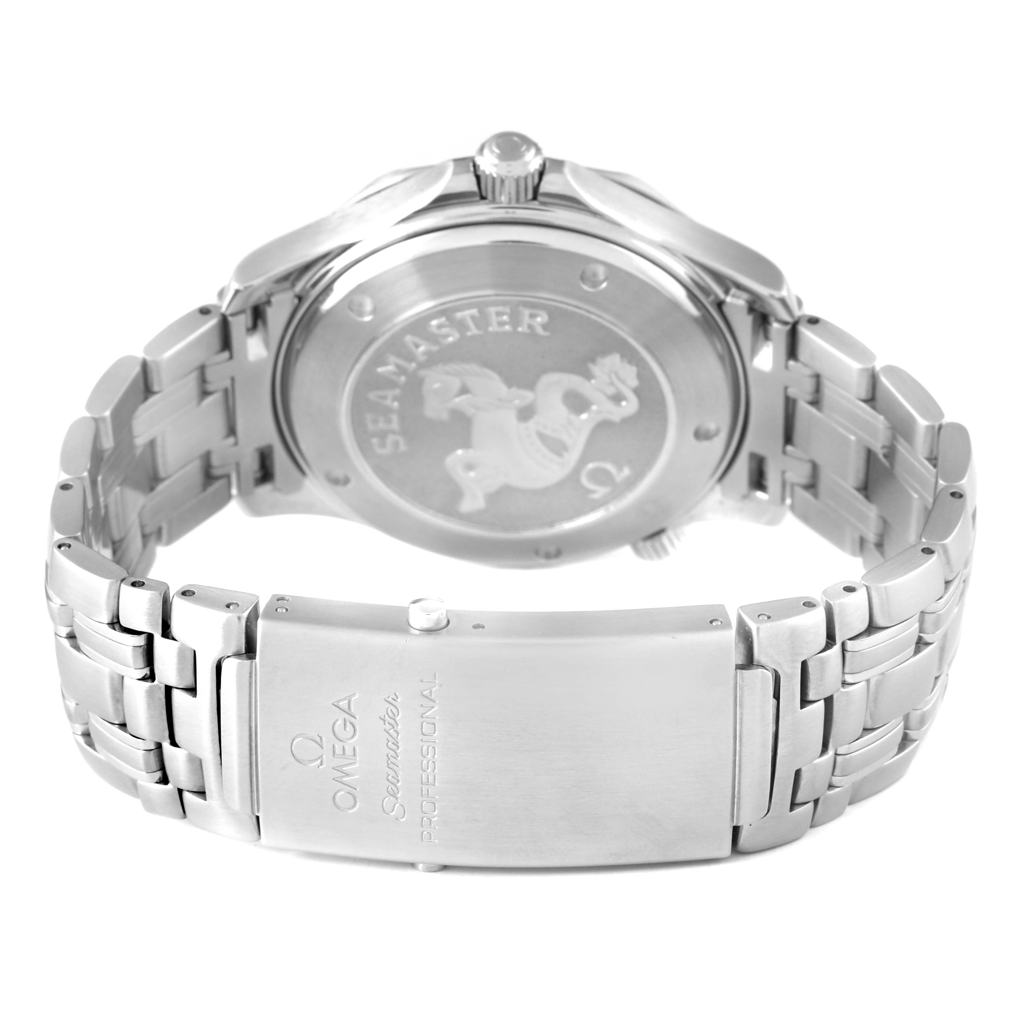 The image shows the back and bracelet of an Omega Seamaster 212.30.41.20.01.002 Men's Stainless Steel Black Dial watch, highlighting the case back and clasp.