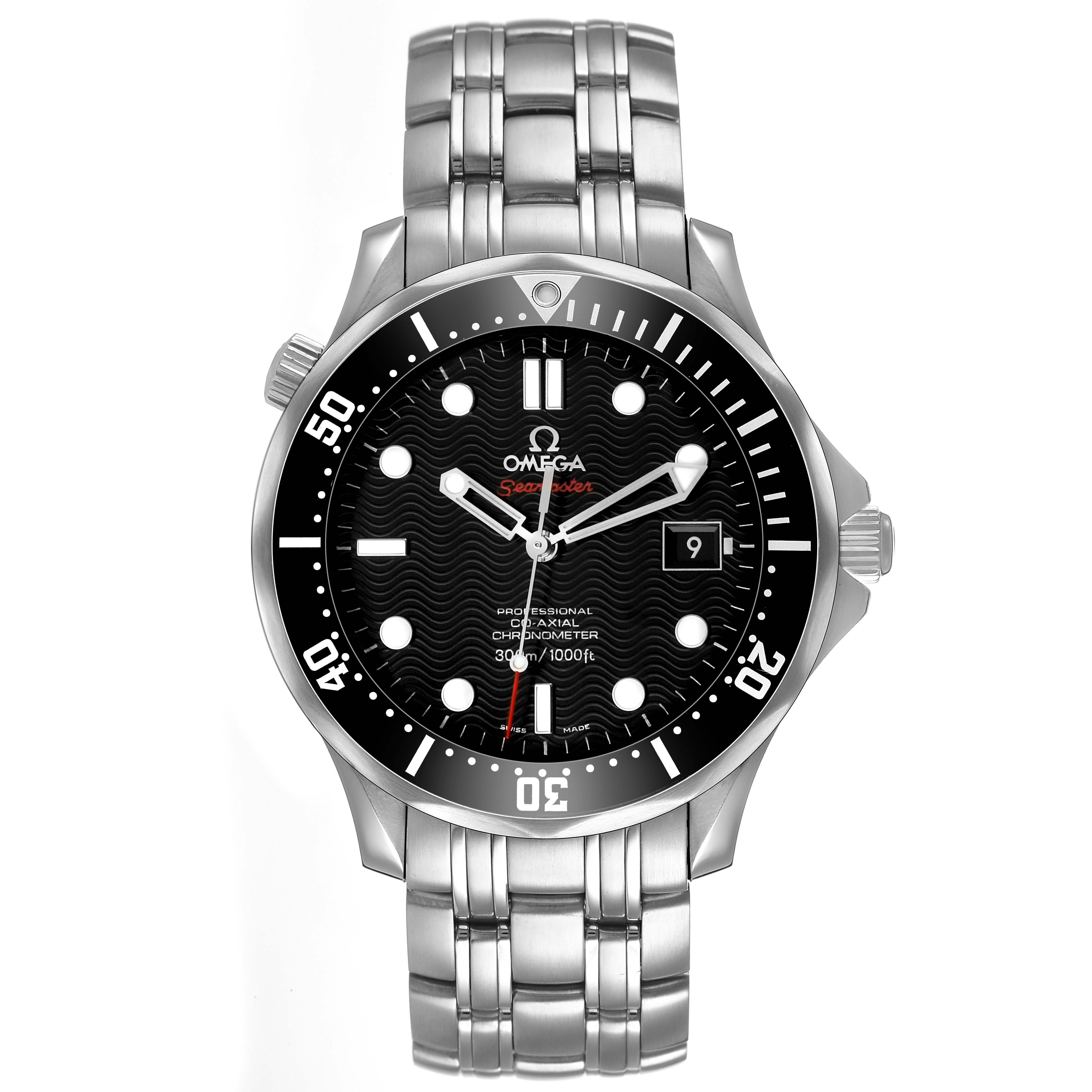 The image shows an Omega Seamaster 212.30.41.20.01.002 Men's Stainless Steel Black Dial watch from a front view, displaying its face, bezel, bracelet, and crown.