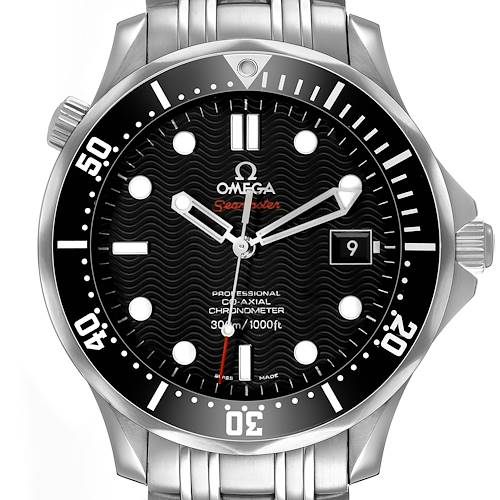 The Omega Seamaster 212.30.41.20.01.002 Men's Stainless Steel Black Dial watch is shown from a front view, highlighting the dial, bezel, crown, and stainless steel bracelet.